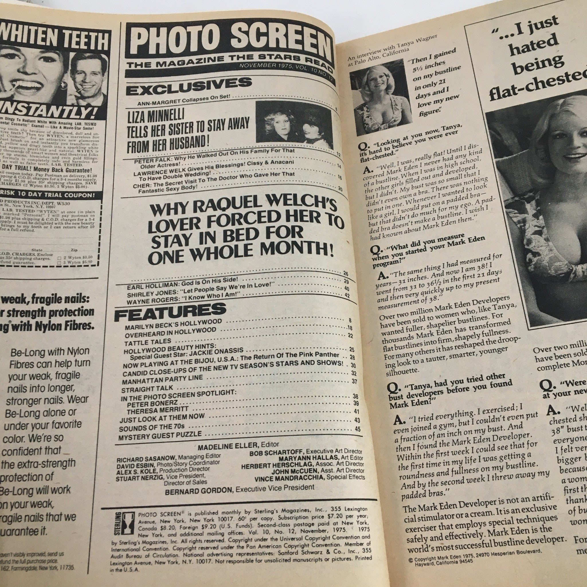 Interior page from Photo Screen Magazine, November 1975, showcasing features and articles about prominent stars and trends from the era. A glimpse into the engaging content reflecting 1970s entertainment culture.