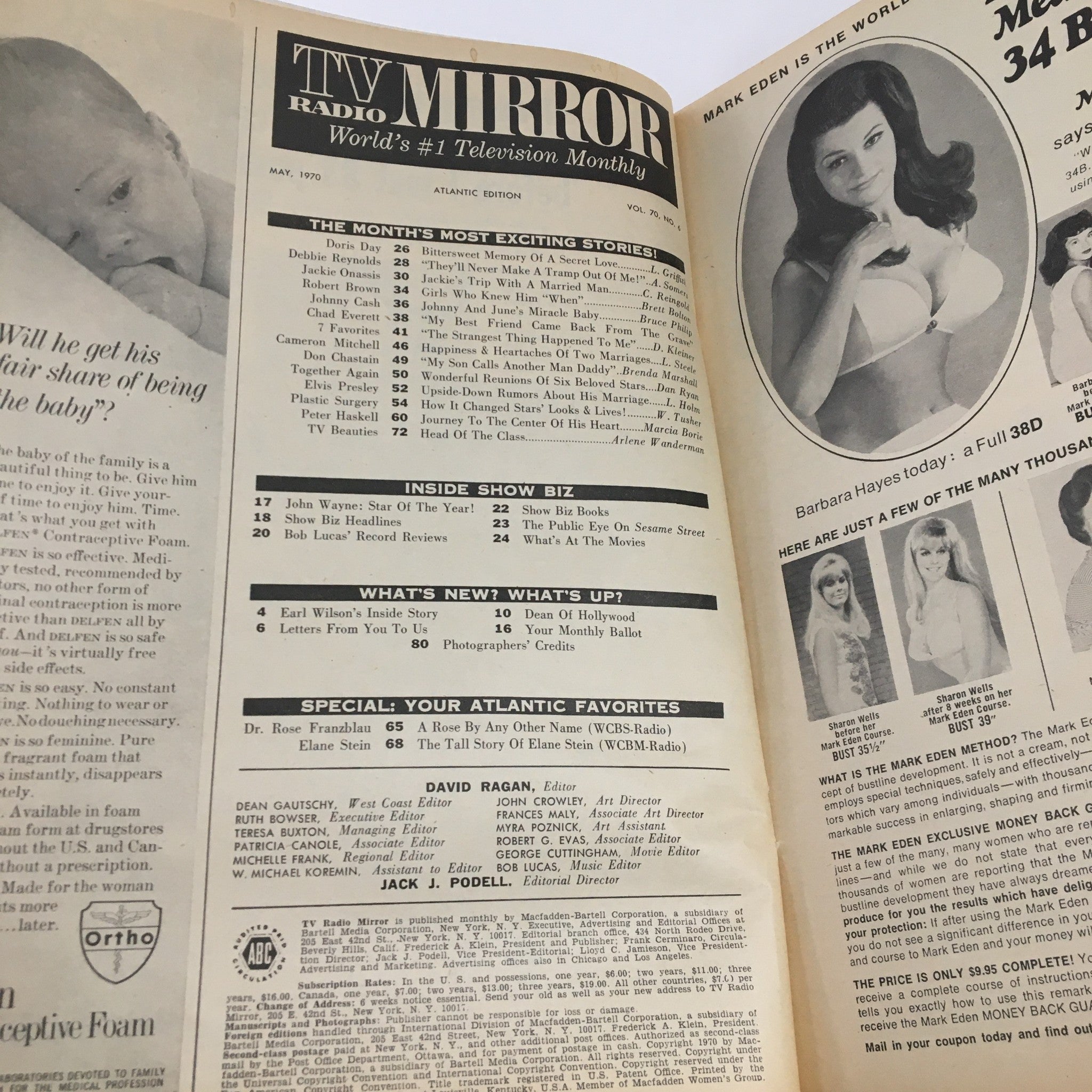 Interior page of TV Radio Mirror Magazine May 1970 listing exciting stories, articles, and features, reflecting the nostalgic essence of the era in entertainment.