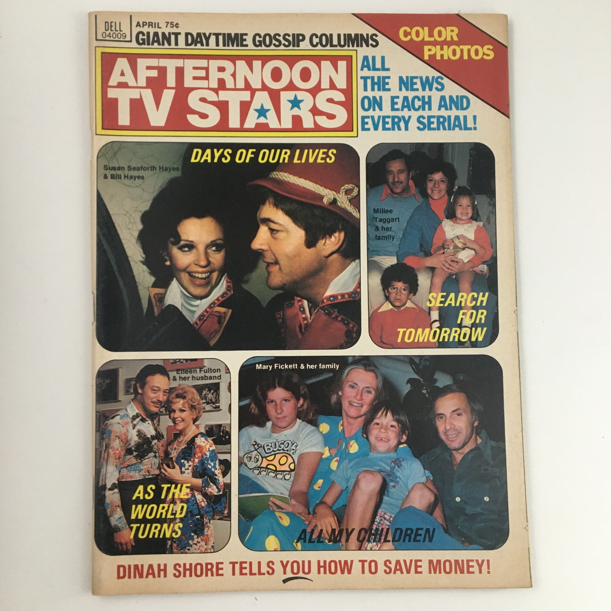 Cover of the Afternoon TV Stars Magazine, April 1976, featuring Susan Seaforth Hayes and Bill Hayes, highlighting classic TV shows and colorful photography.