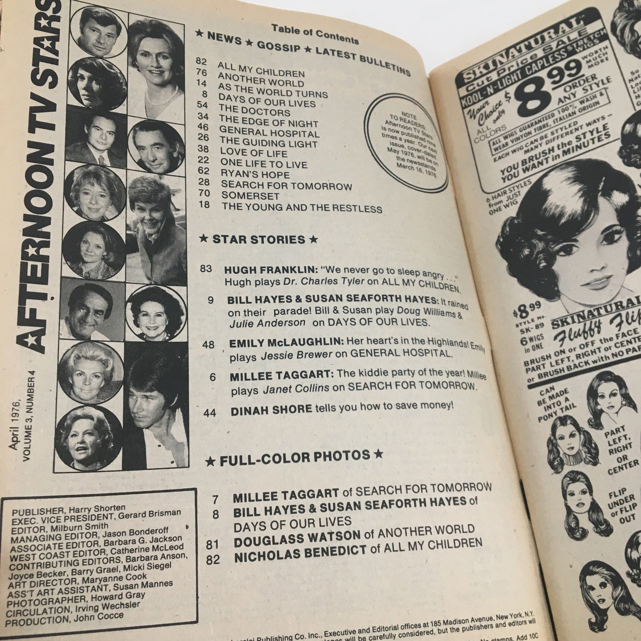 Table of contents page from Afternoon TV Stars Magazine, April 1976, showcasing articles and star stories, including features on Bill Hayes and Susan Seaforth Hayes.