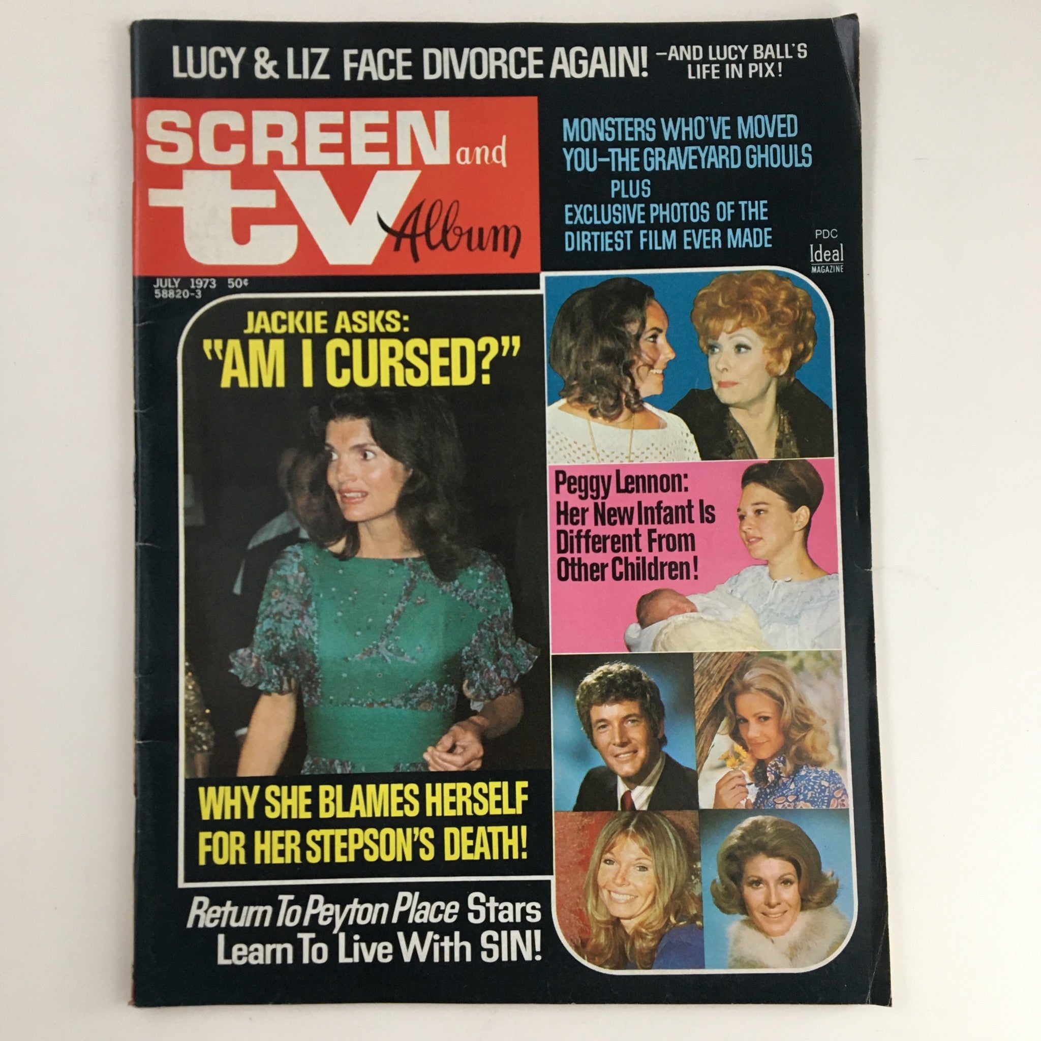 Cover of Screen and TV Album Magazine from July 1973 featuring Jackie Kennedy asking 'Am I Cursed?' and Peggy Lennon. Includes headlines about television and celebrity news.