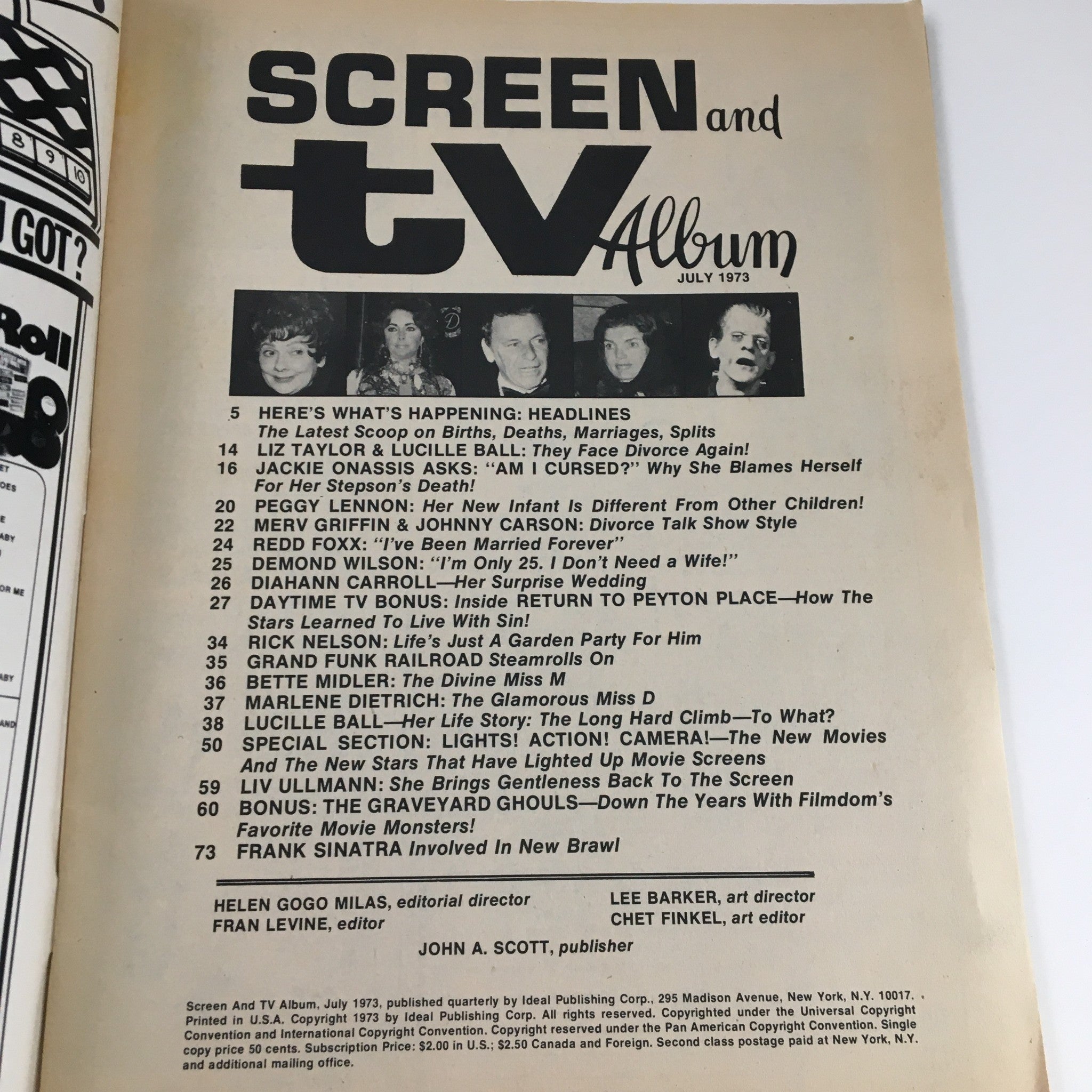 Inside page of Screen and TV Album Magazine July 1973 displaying headlines and articles, including features on Jackie Kennedy and Peggy Lennon.