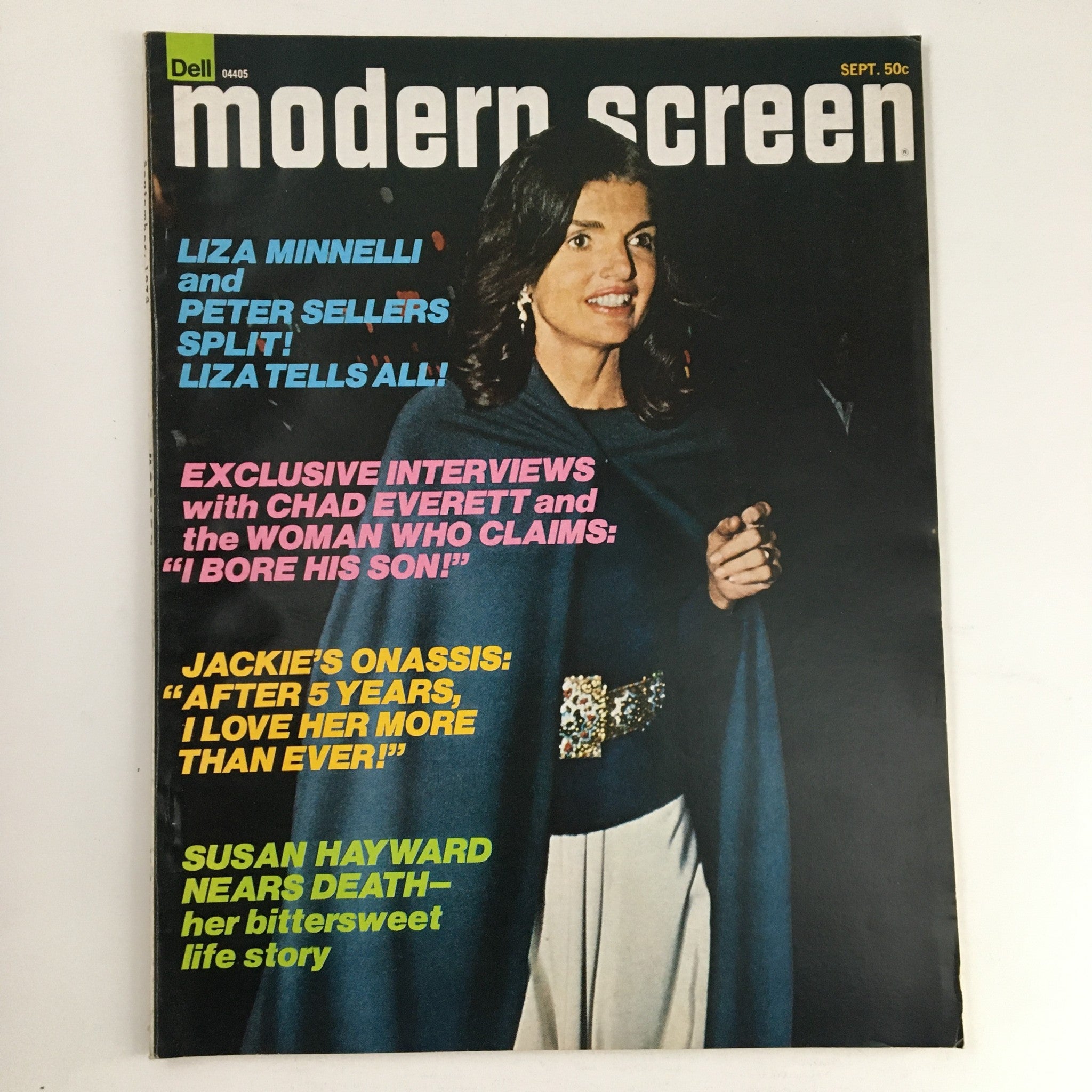 Modern Screen Magazine September 1973 cover featuring Liza Minnelli and Jackie Onassis with headlines about their stories and exclusive interviews.