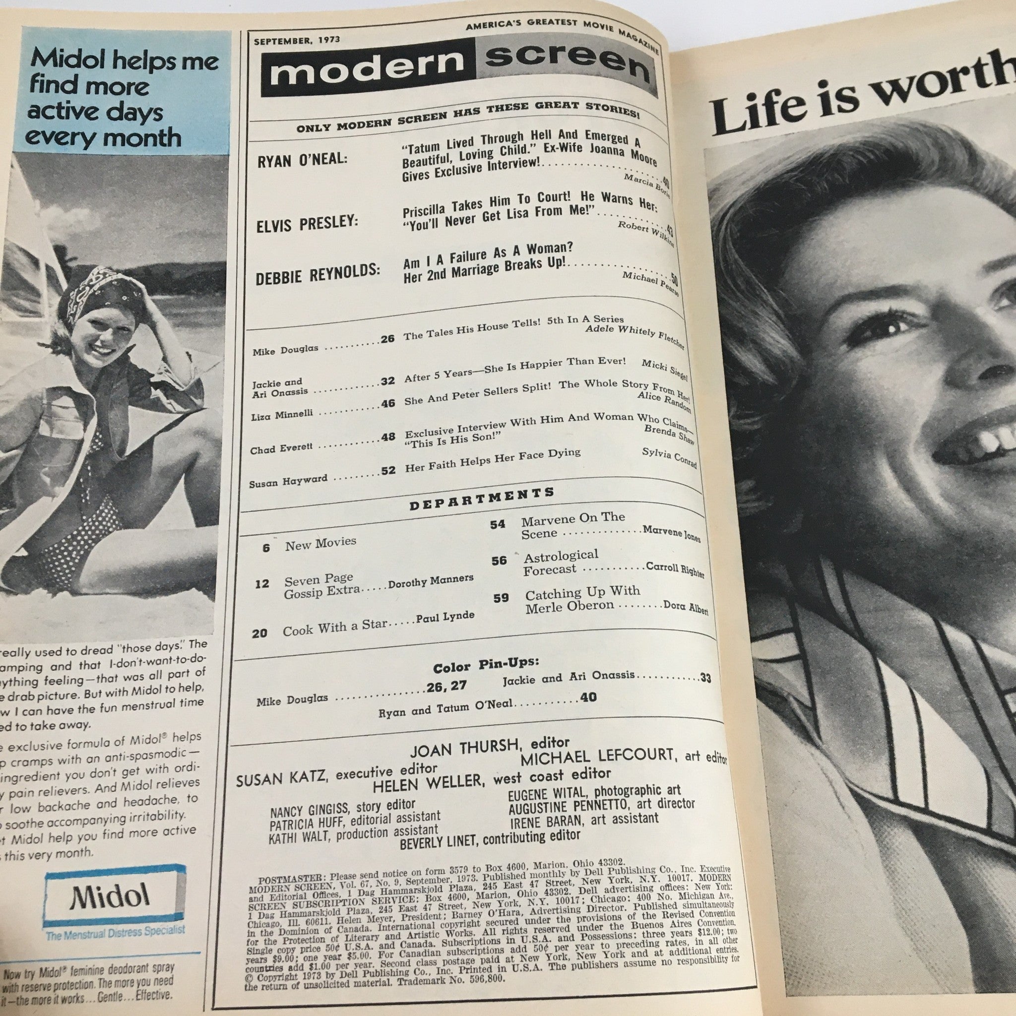 Interior page of Modern Screen Magazine September 1973 displaying magazine contents and articles including features on movie stars like Jackie Onassis and Elvis Presley.