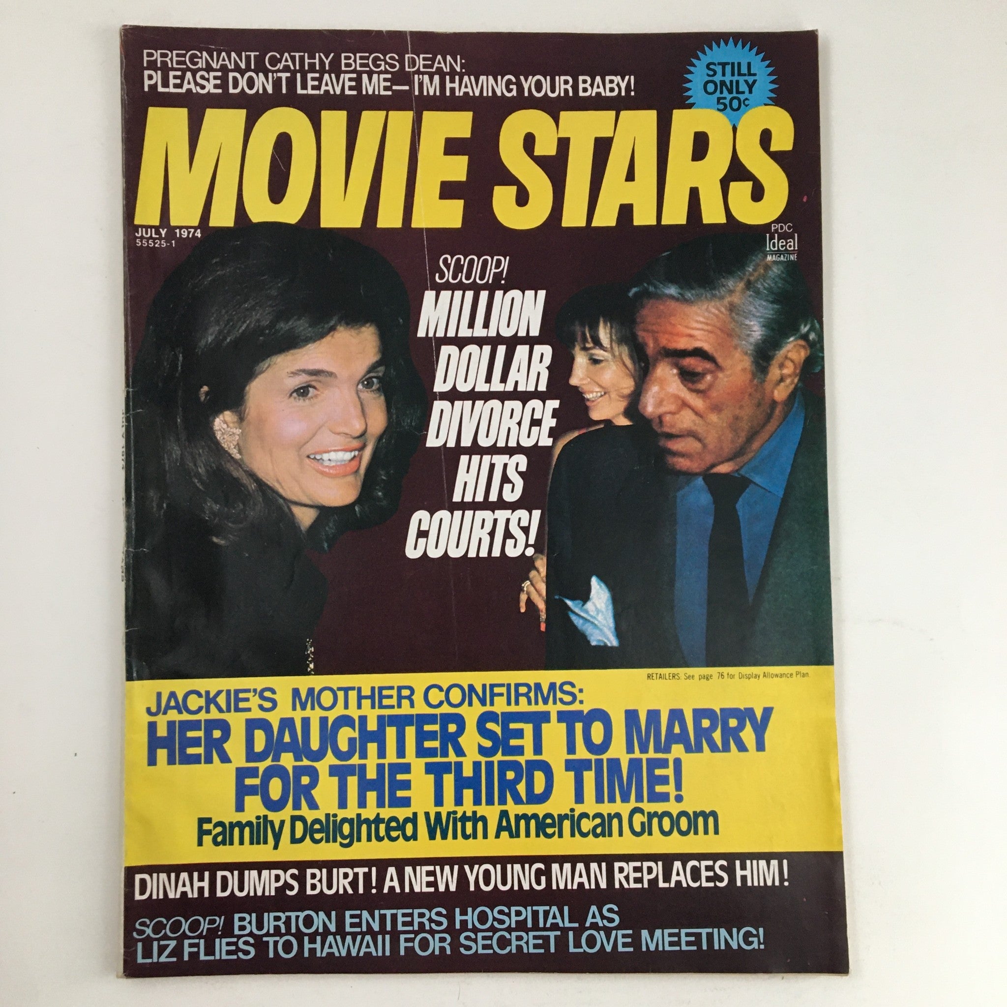 Movie Stars Magazine July 1974 cover featuring Jackie Kennedy and Elizabeth Taylor, highlighting celebrity gossip and stories from the era, perfect for vintage collectors.