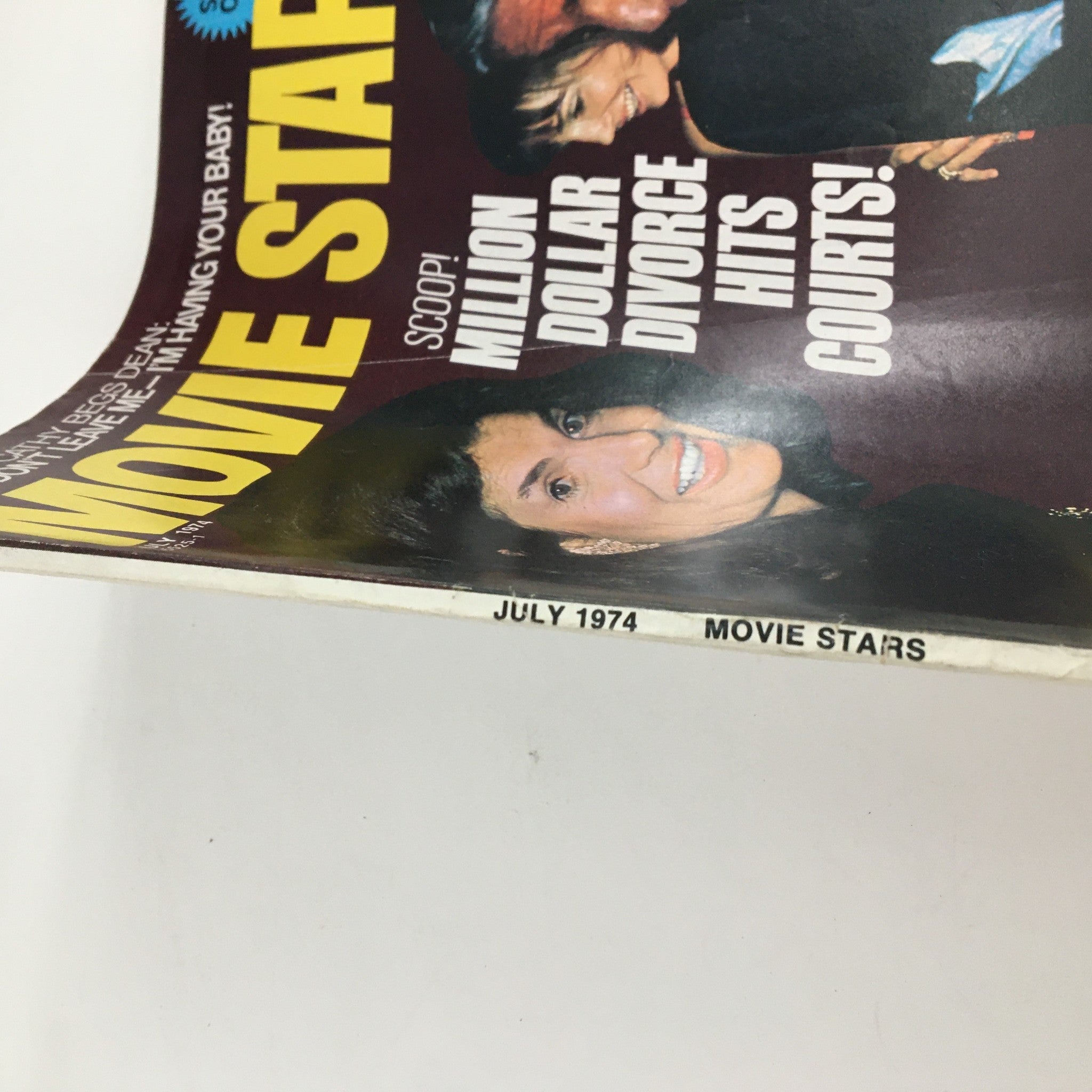Side view of Movie Stars Magazine July 1974 showcasing the magazine title and publication date, emphasizing its historical significance in Hollywood culture.