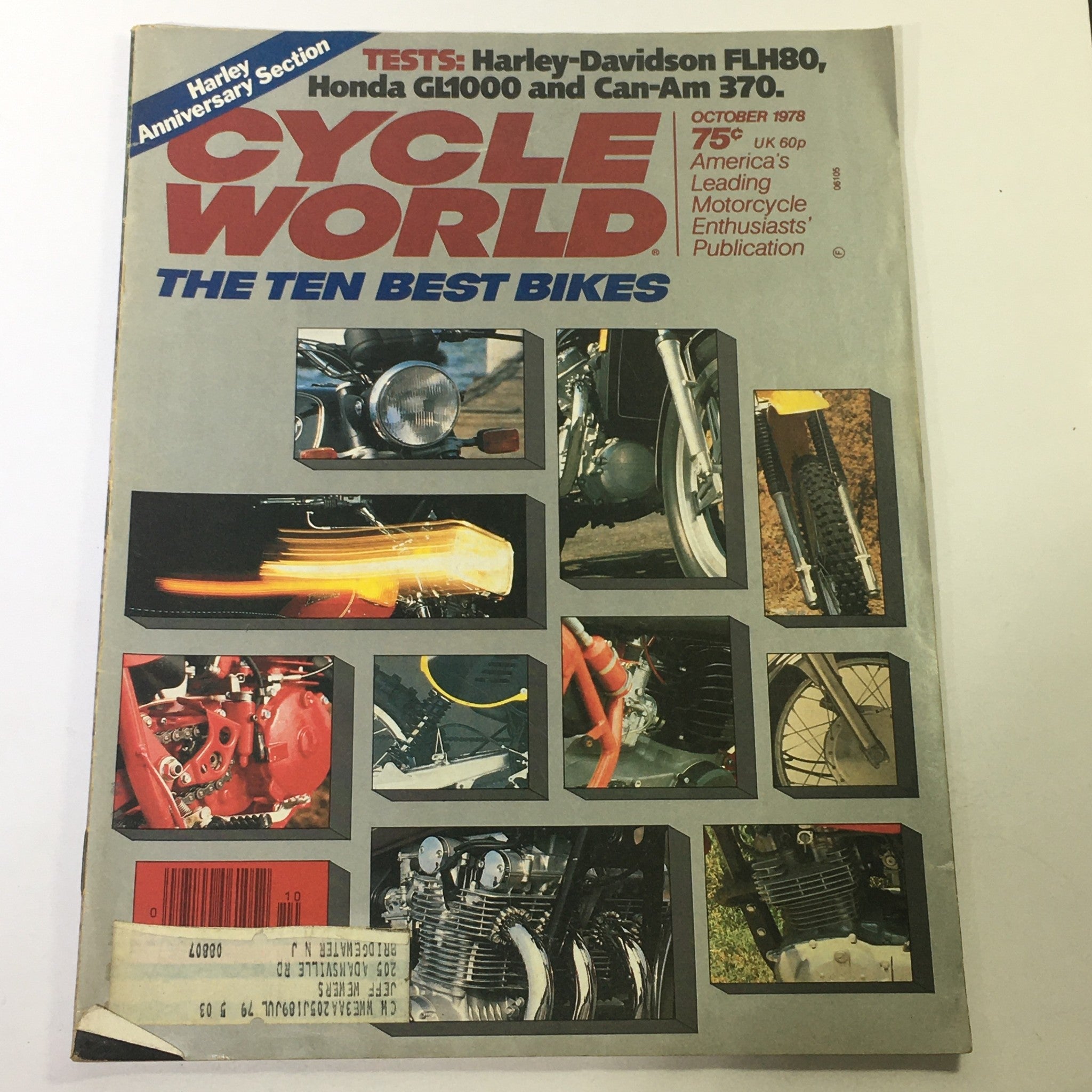 Cover of VTG Cycle World Magazine October 1978 featuring tests on Harley-Davidson FLH80, Honda GL1000, and Can-Am 370. The magazine showcases images of motorcycle parts and highlights the theme 'The Ten Best Bikes'.