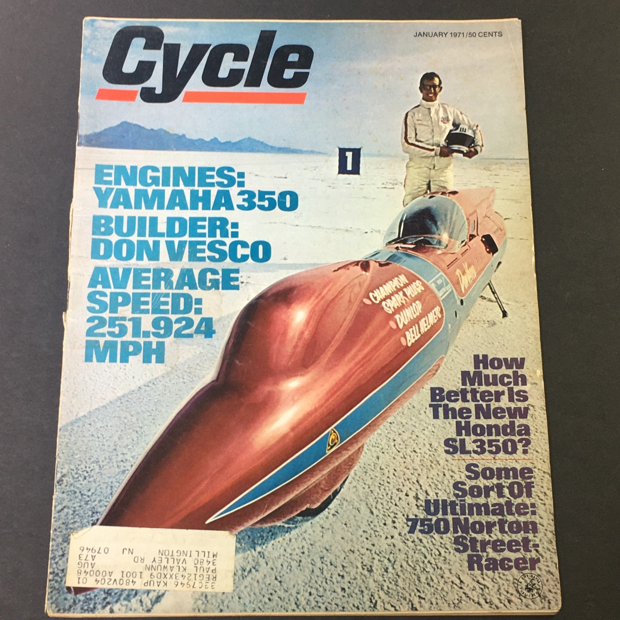 Cover of VTG Cycle Magazine January 1971 featuring Yamaha 350, builder Don Vesco, and highlights of the 750 Norton Street Racer. The cover showcases vintage motorcycle culture with bold text and an image of a racing vehicle.