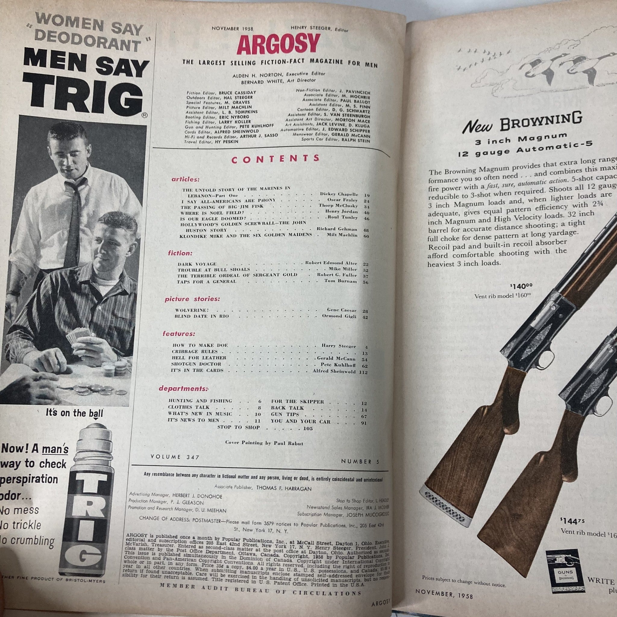 Interior pages of VTG Argosy Magazine from November 1958, displaying contents list and advertisements, highlighting various topics covered in the issue, including articles about John Huston.