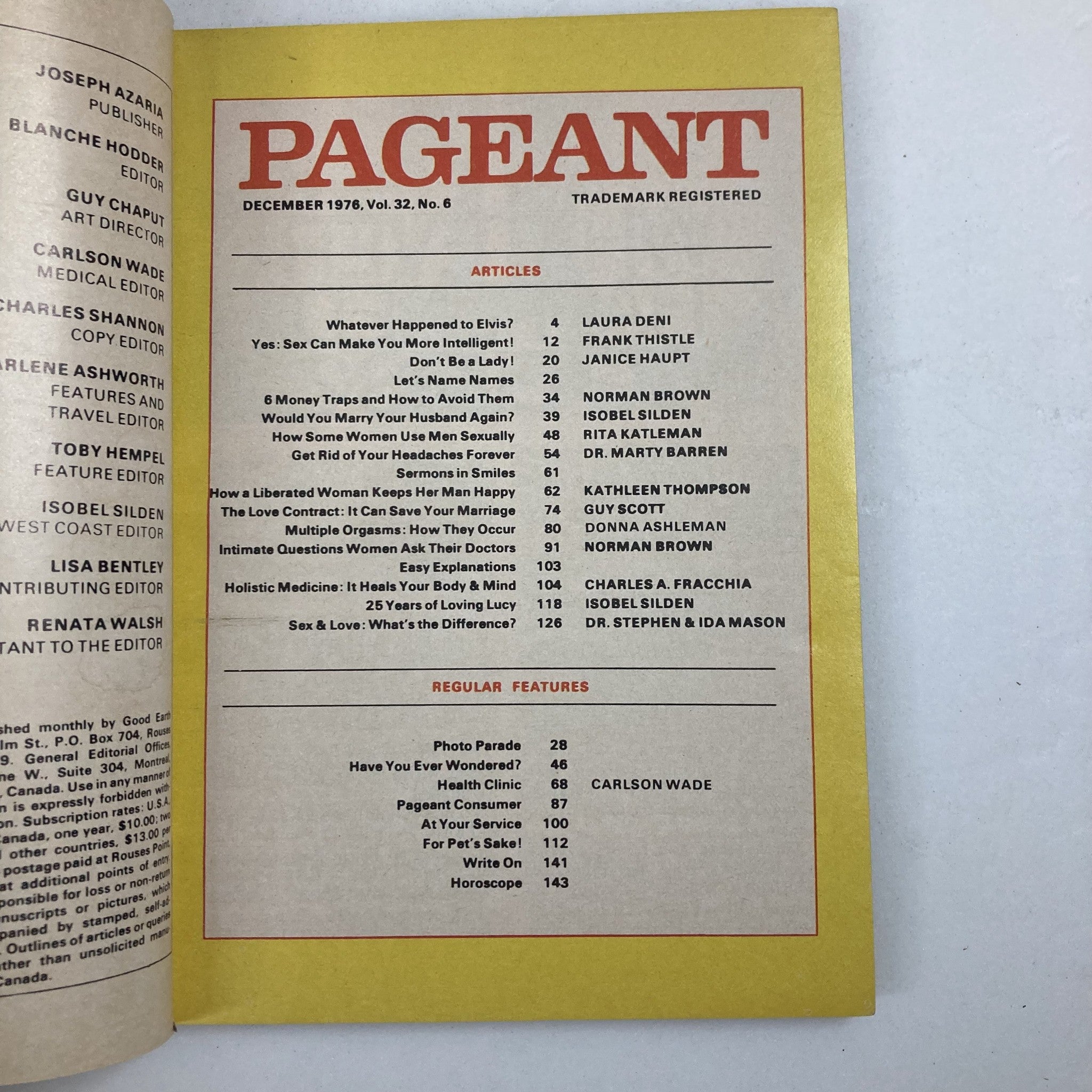 Inside page of VTG Pageant Magazine December 1976 Vol 32 No. 6 listing articles, including features on societal topics and pop culture.