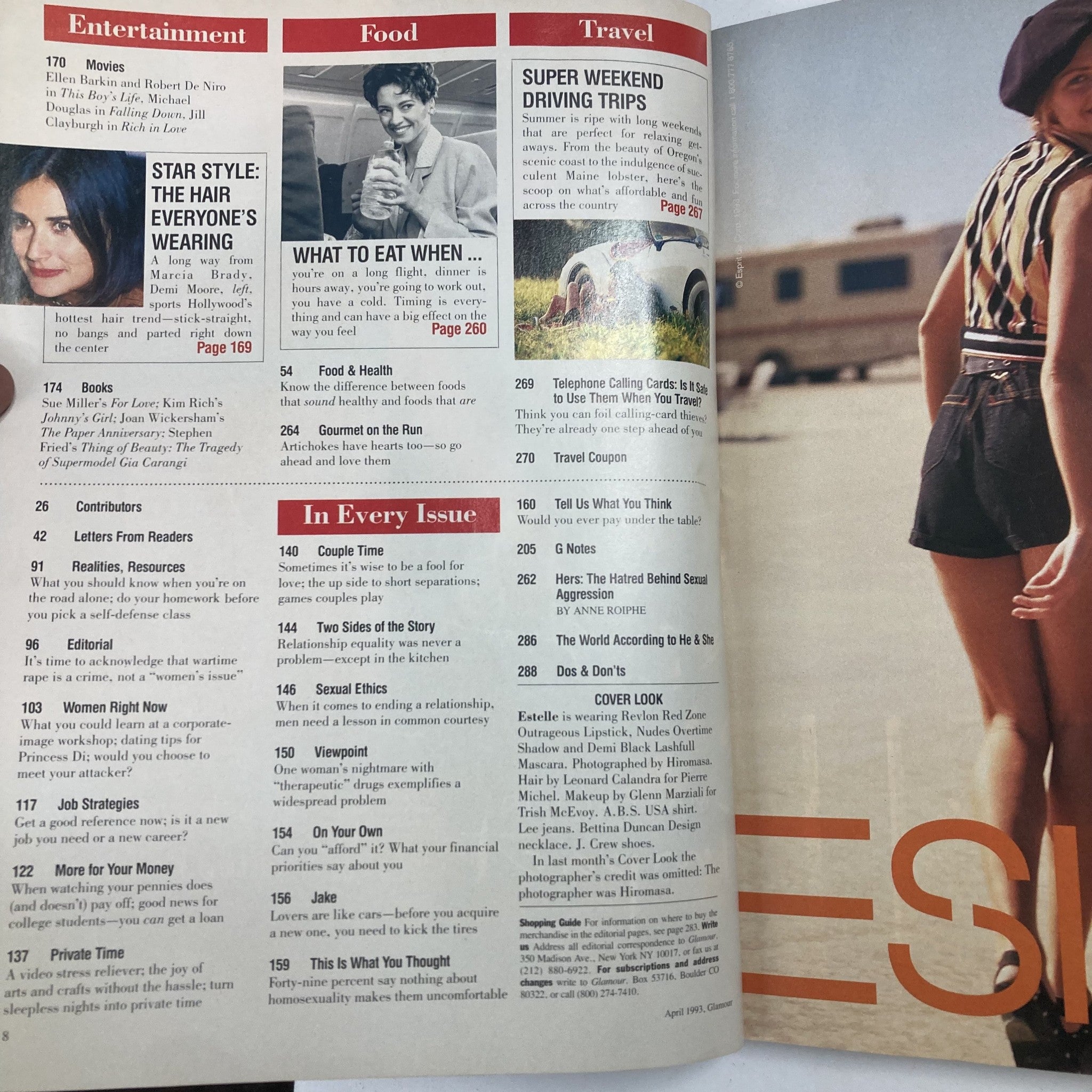 Contents page of Glamour Magazine April 1993 featuring articles on entertainment, food, travel, and the cover look of Estelle Lefebure.