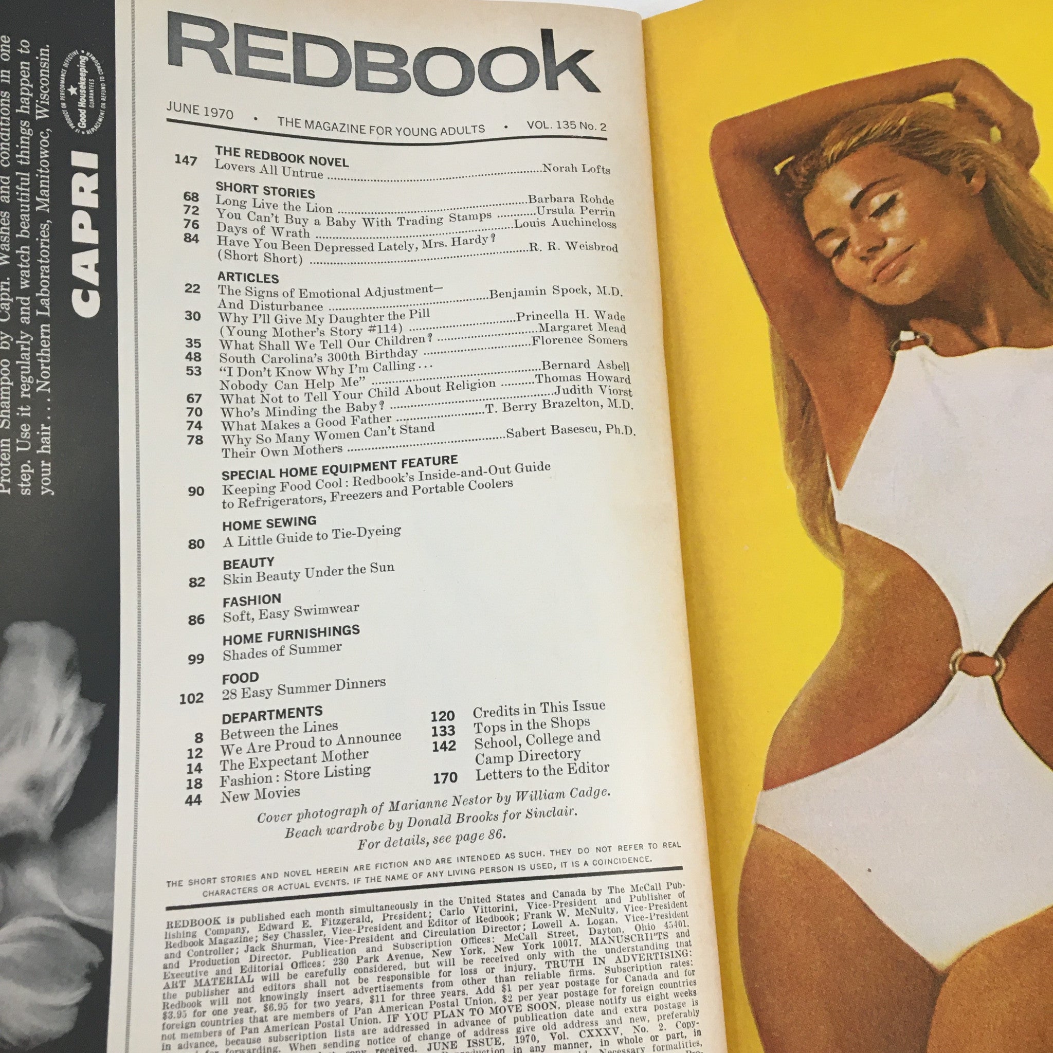 Interior page of Redbook Magazine June 1970 displaying the table of contents, featuring a cover photograph of Marianne Nestor, showcasing summer fashion and articles for young adults.