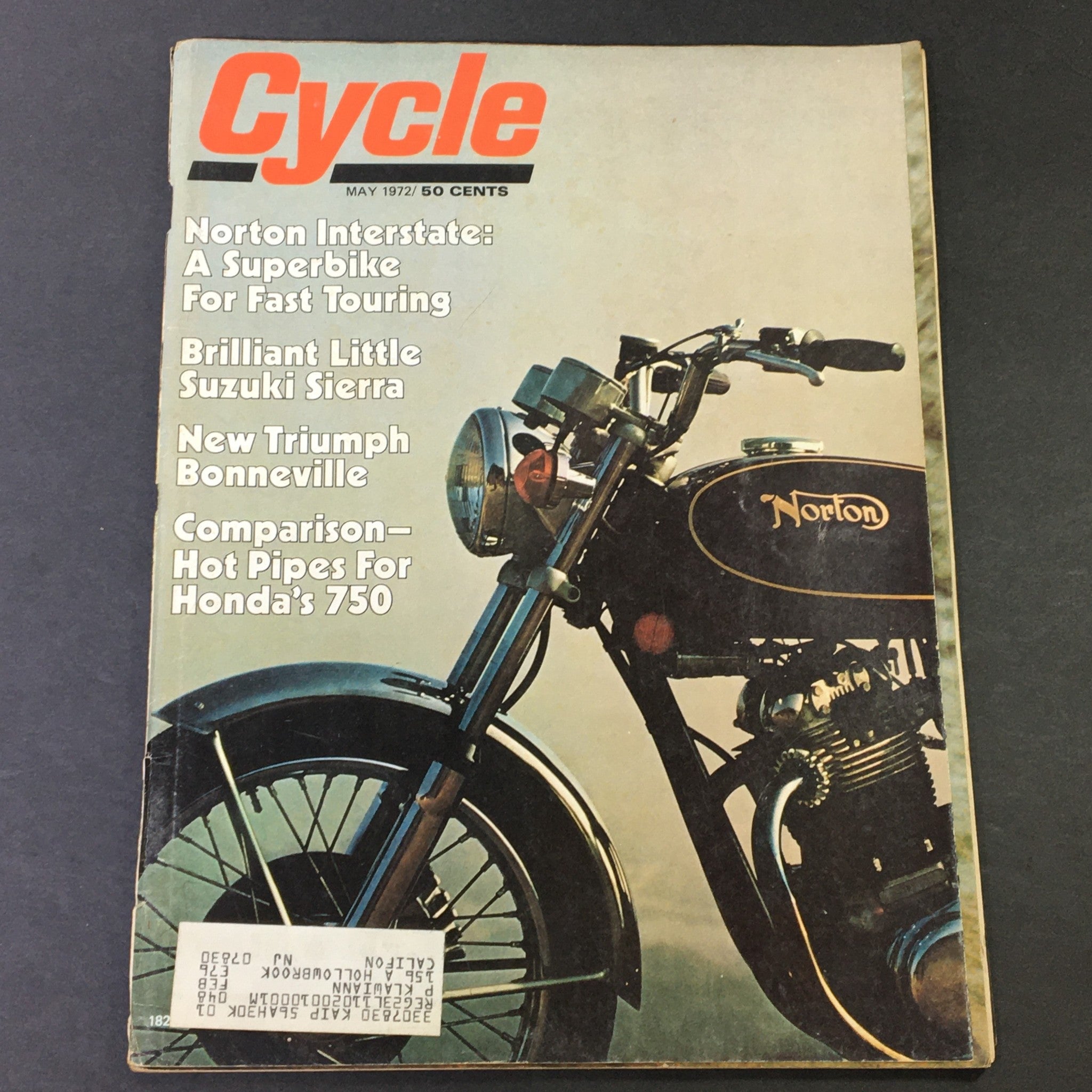 Cover of VTG Cycle Magazine May 1972 featuring Norton Interstate motorcycle, Suzuki Sierra, and Honda 750, showcasing vintage motorcycle reviews and features.