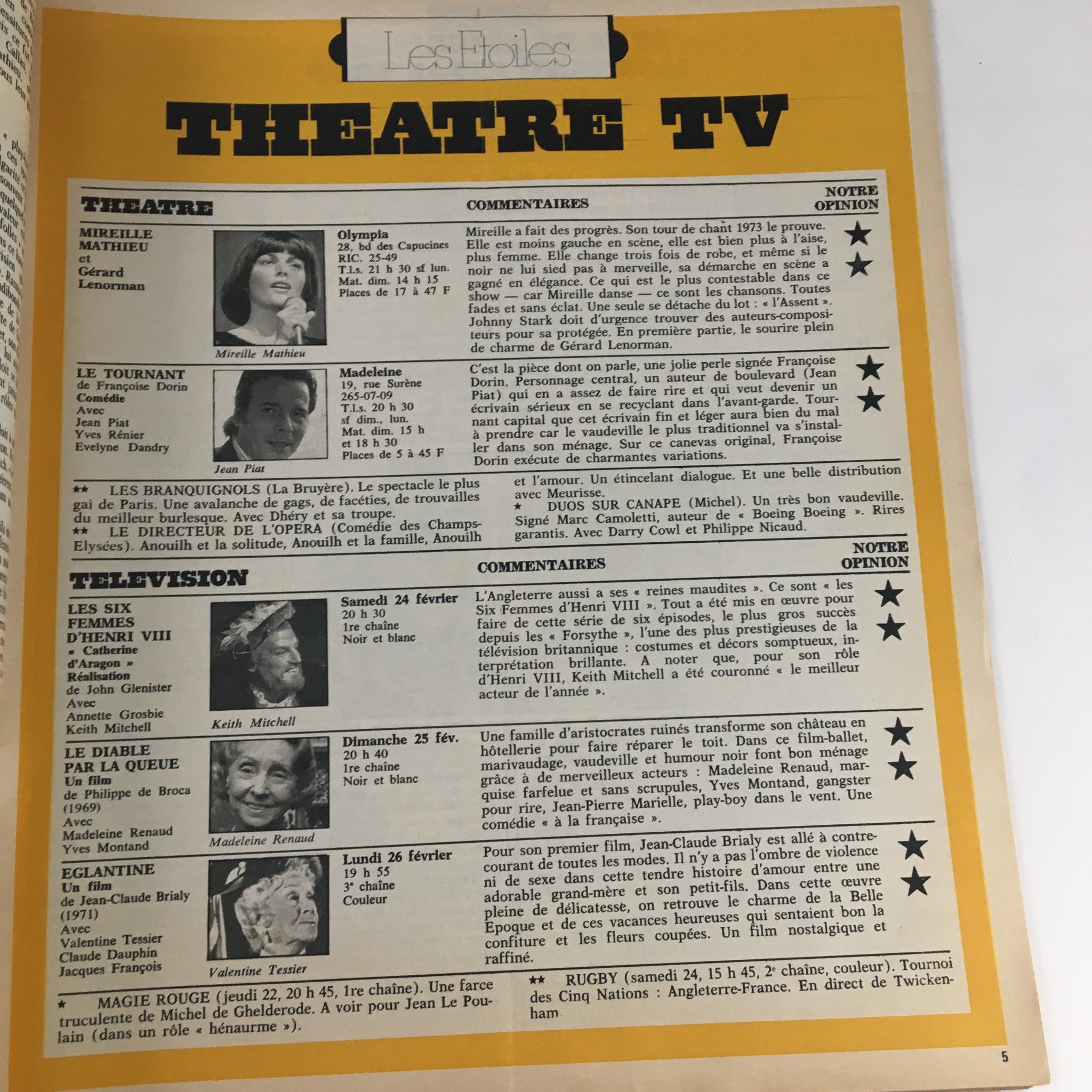 Interior page from Paris Match Magazine February 1973 displaying listings for theatre and television shows, highlighting events and commentary.