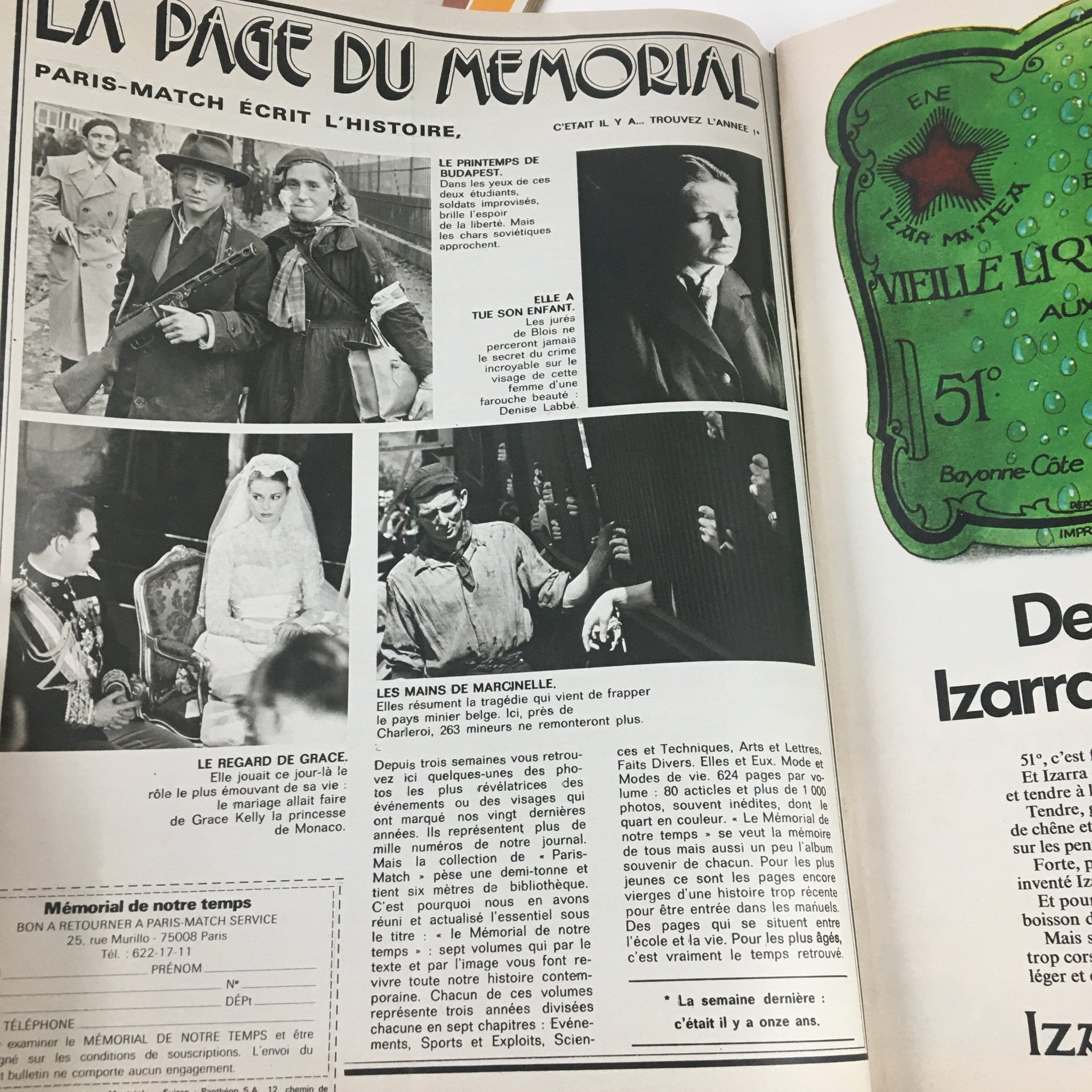 Interior page of Paris Match Magazine from November 1972, displaying historical content and images, including a feature on Grace Kelly and significant events. This page highlights the magazine's focus on memorial storytelling.