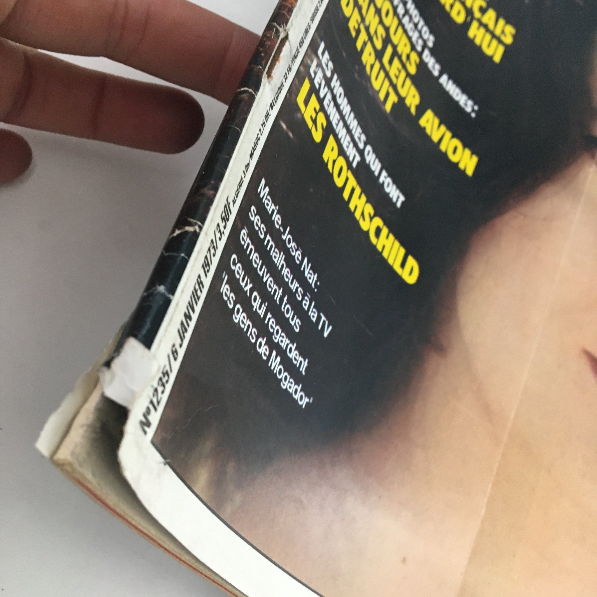 Close-up of the spine and side of Paris Match Magazine January 1973, showcasing the publication details and a mention of actress Marie-José Nat.