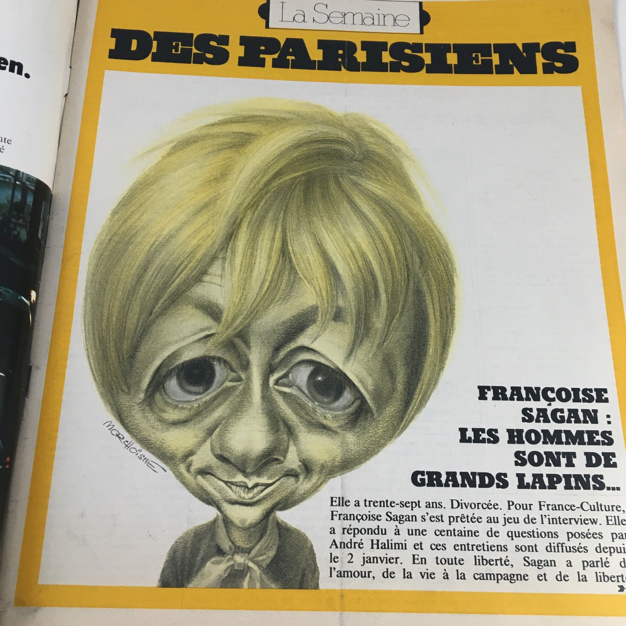 Illustrated article from Paris Match Magazine January 1973 featuring a caricature of Françoise Sagan, showcasing cultural commentary from the period.