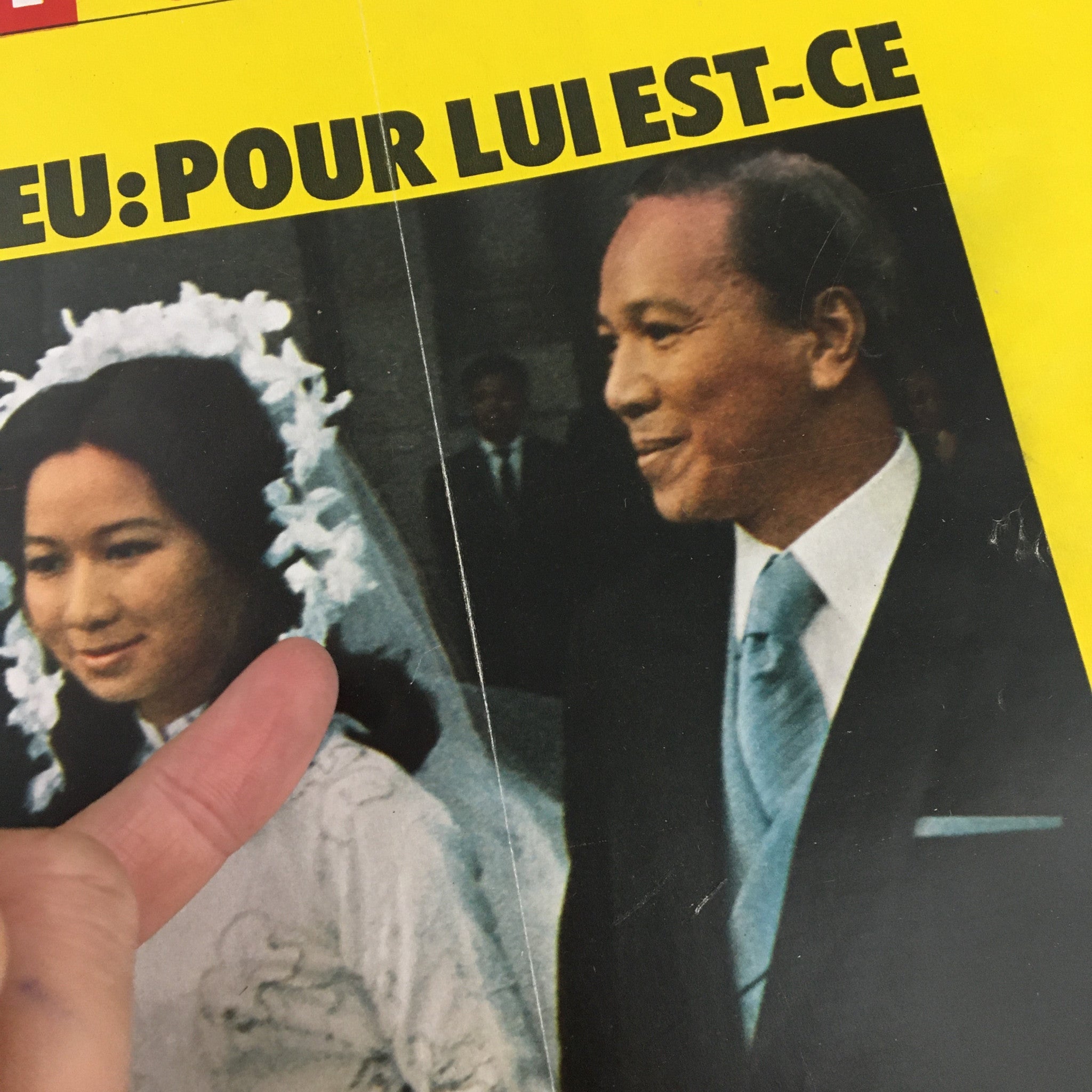 Detailed view of the Paris Match Magazine February 1973 cover, showing a close-up of a wedding scene, emphasizing fashion and the cultural context of the era.