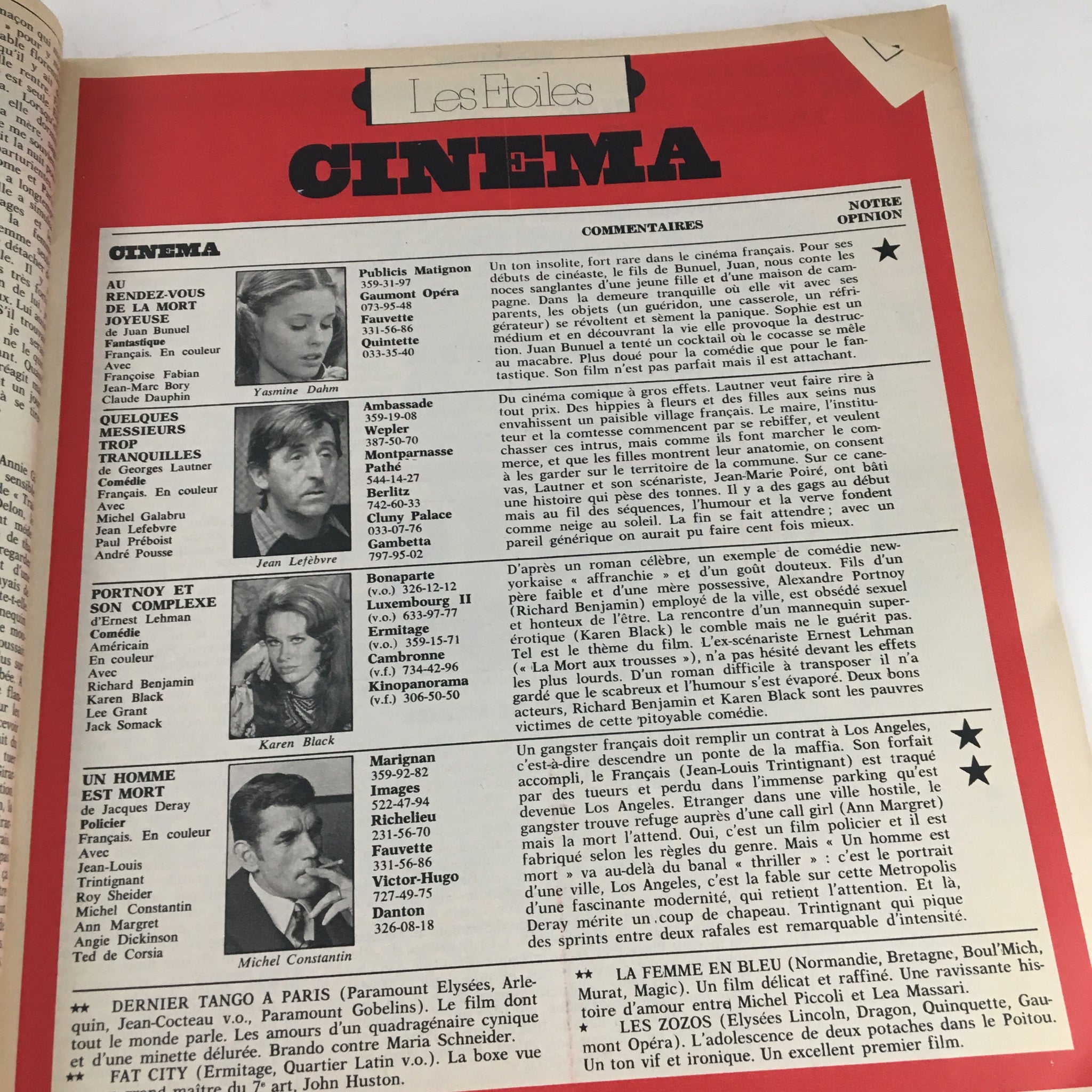 Interior page showcasing cinema commentary in Paris Match Magazine February 1973 featuring Yasmine Dahm and Jean Lefebvre.