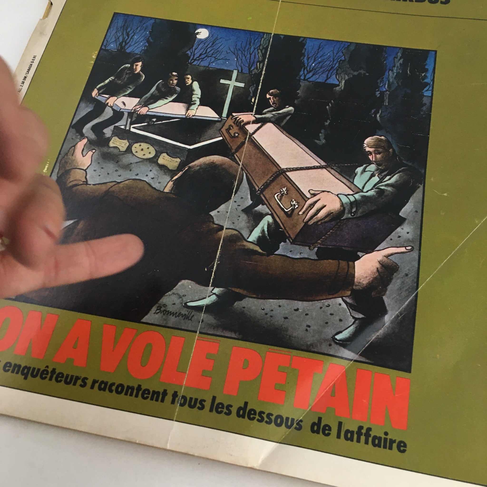 Close-up view of the cover of Paris Match Magazine March 1973, titled 'La Verite Sur Laile De Lairbus'. The image shows a scene at night where people are carrying a coffin, highlighting the dramatic artwork.