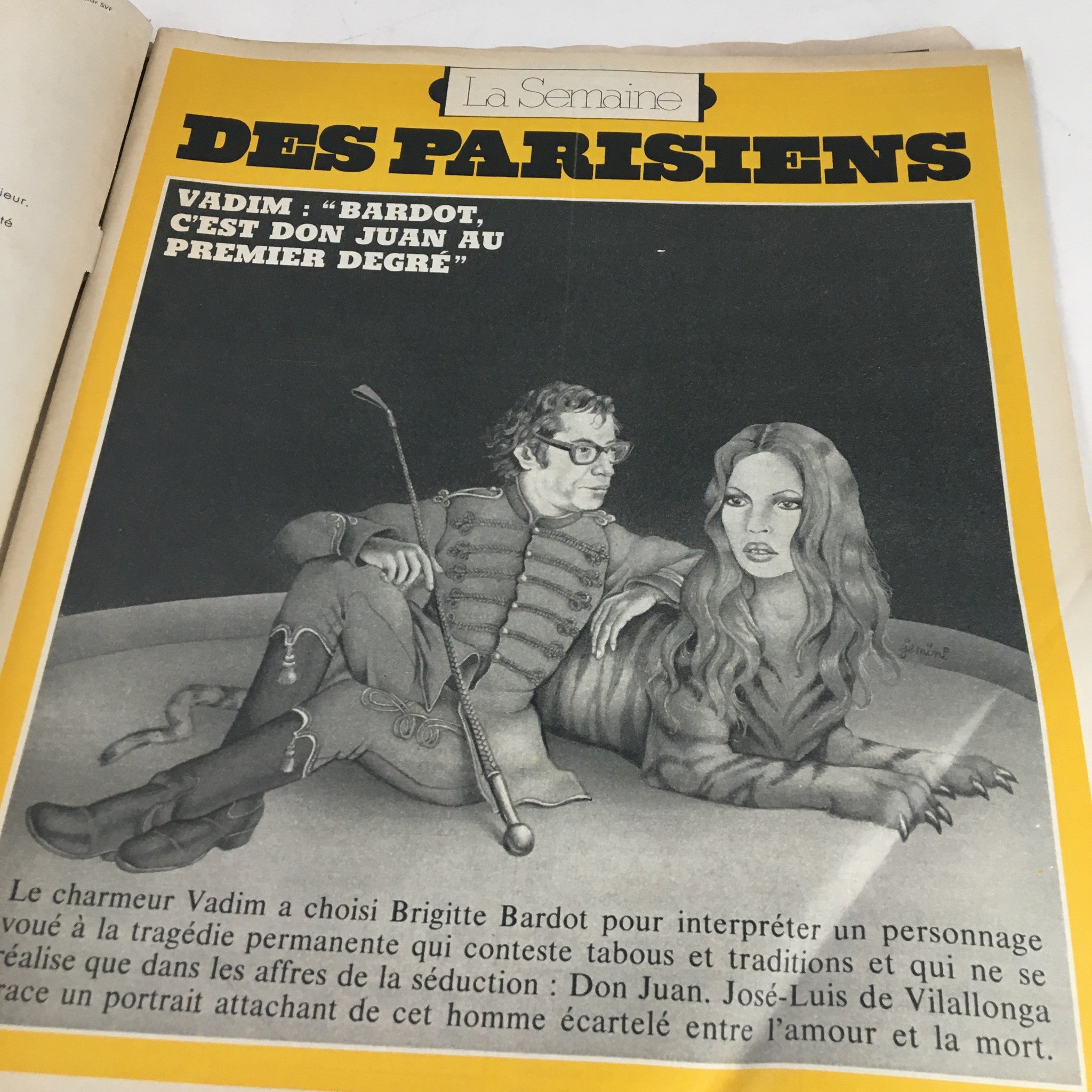 Inside page of Paris Match Magazine March 1973, showcasing a feature titled 'La Semaine des Parisiens'. The illustration includes a portrayal of Vadim with Brigitte Bardot, emphasizing the artistic style of the magazine.