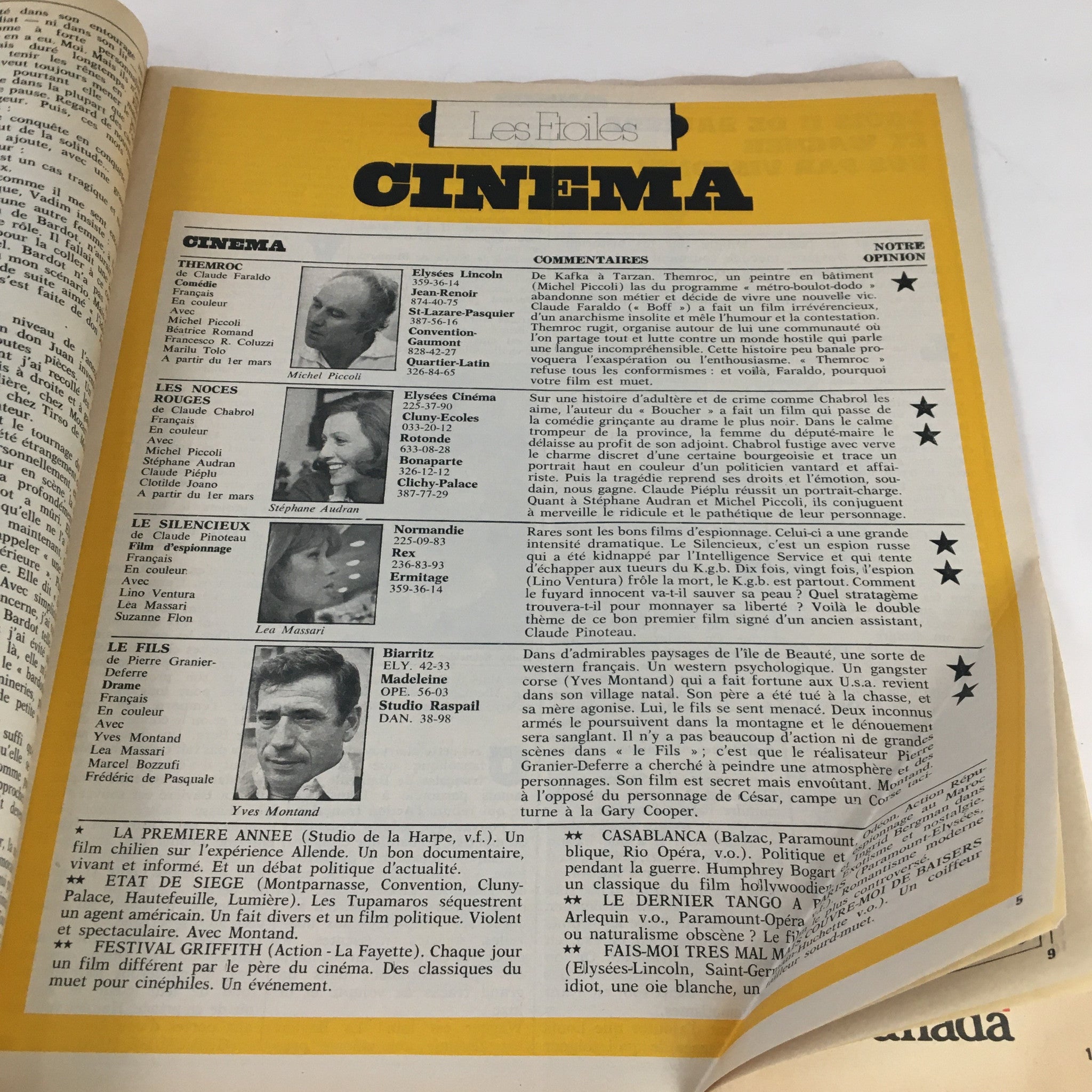 Inside page of Paris Match Magazine March 1973 featuring a cinema section with detailed film reviews, including commentary on the works of Michel Piccoli and Yves Montand, showcasing French cultural influences from the 1970s.