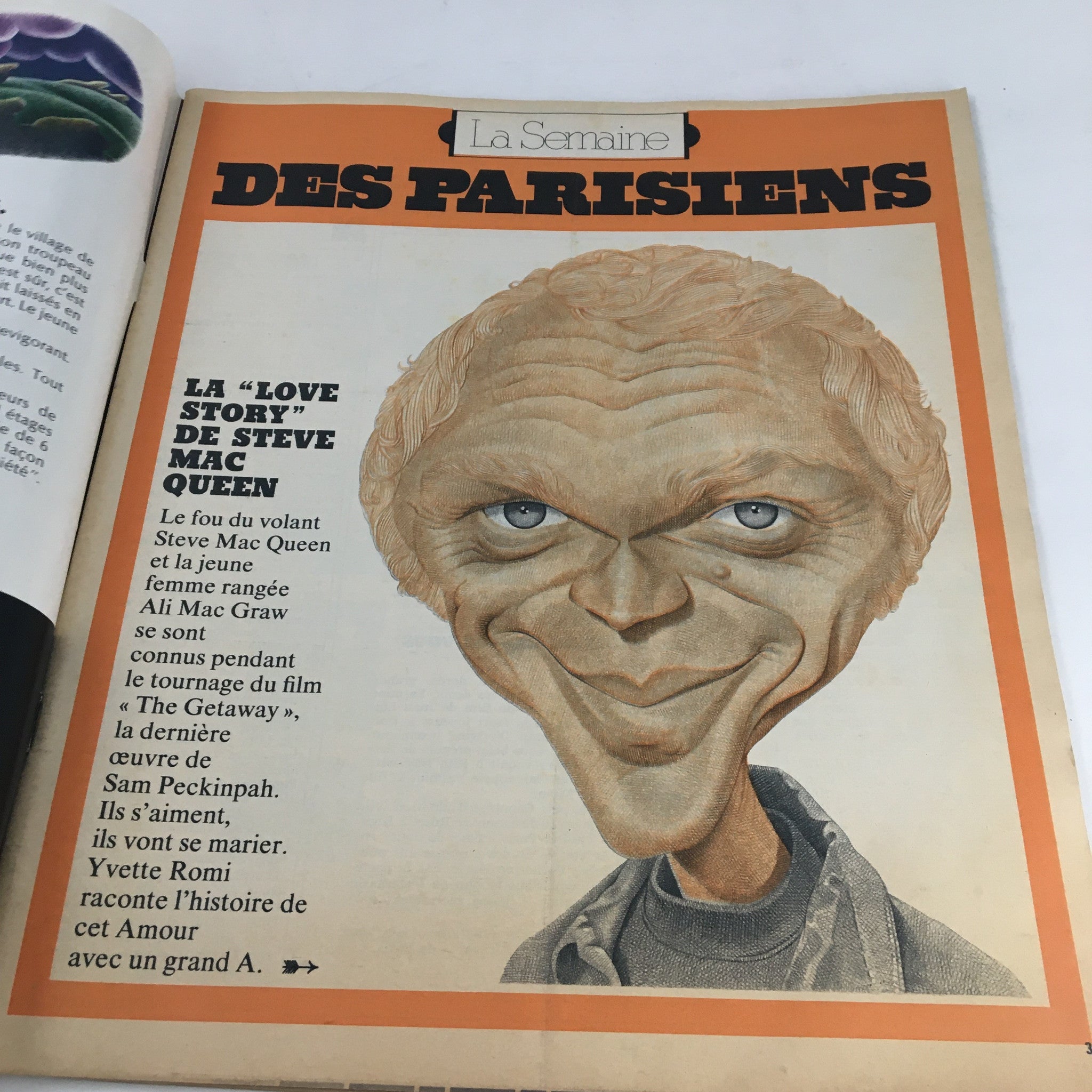 Interior page of Paris Match Magazine featuring a caricature of Steve McQueen under the title 'La Semaine des Parisiens', discussing his relationship with Ali MacGraw and their upcoming marriage.