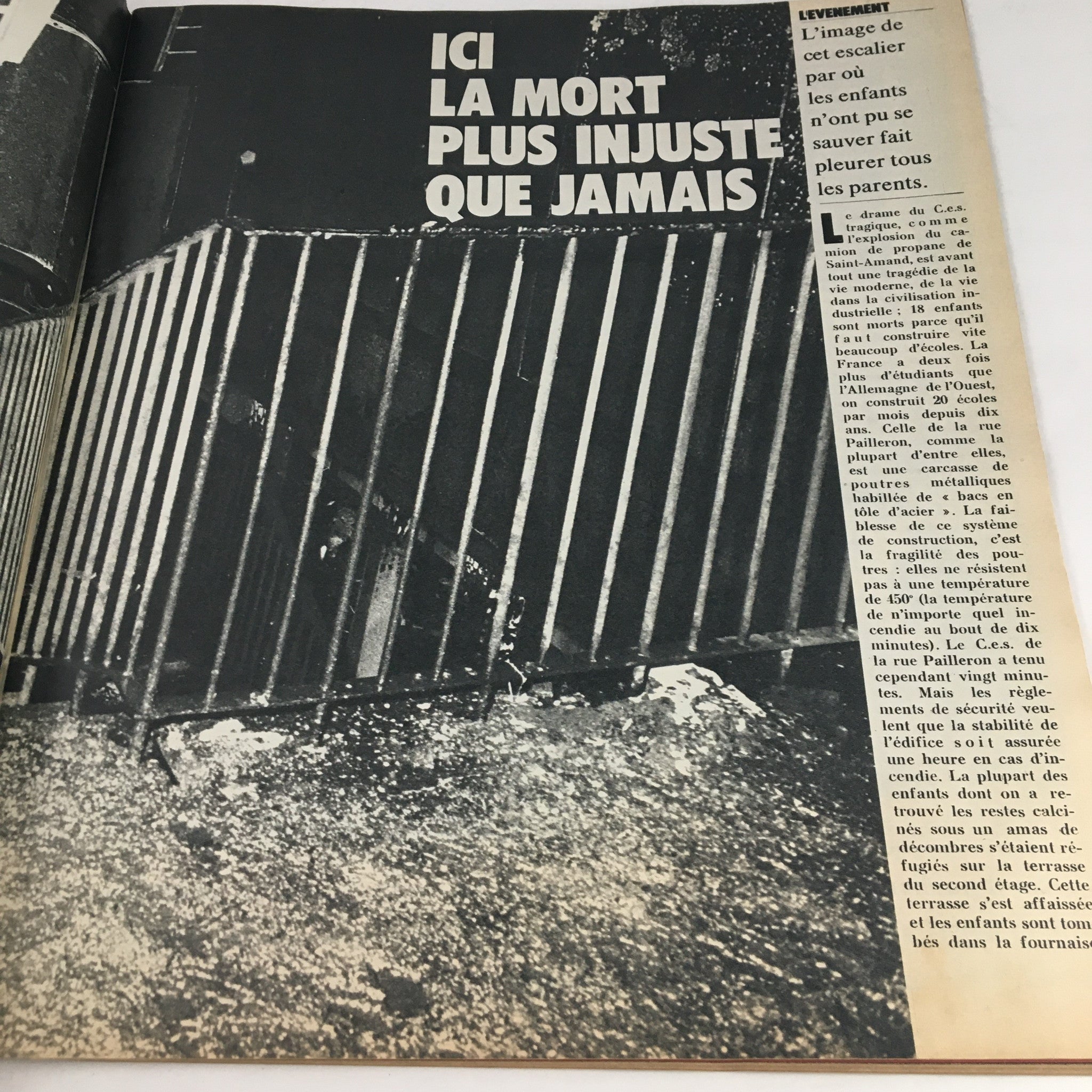 Paris Match Magazine February 1973 article titled 'Ici La Mort Plus Injuste Que Jamais', highlighting themes of tragedy and social issues related to children's safety with a striking photo.