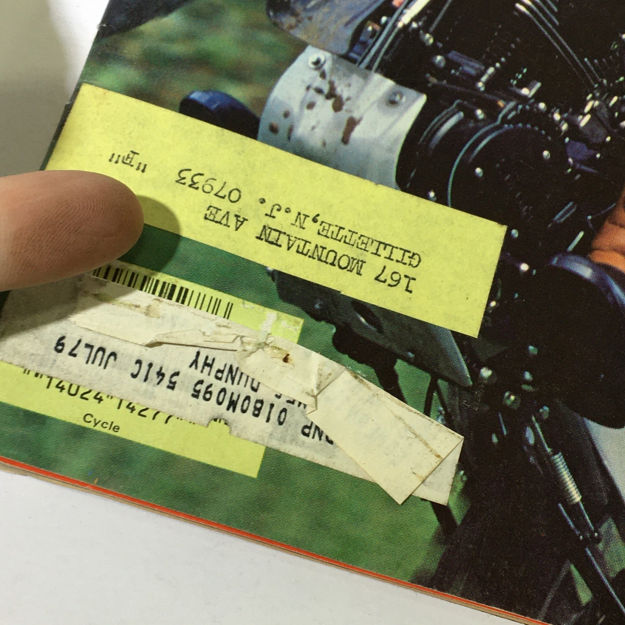 Close-up of the back cover of VTG Cycle Magazine July 1979 displaying the address label and wear details, emphasizing its vintage character.