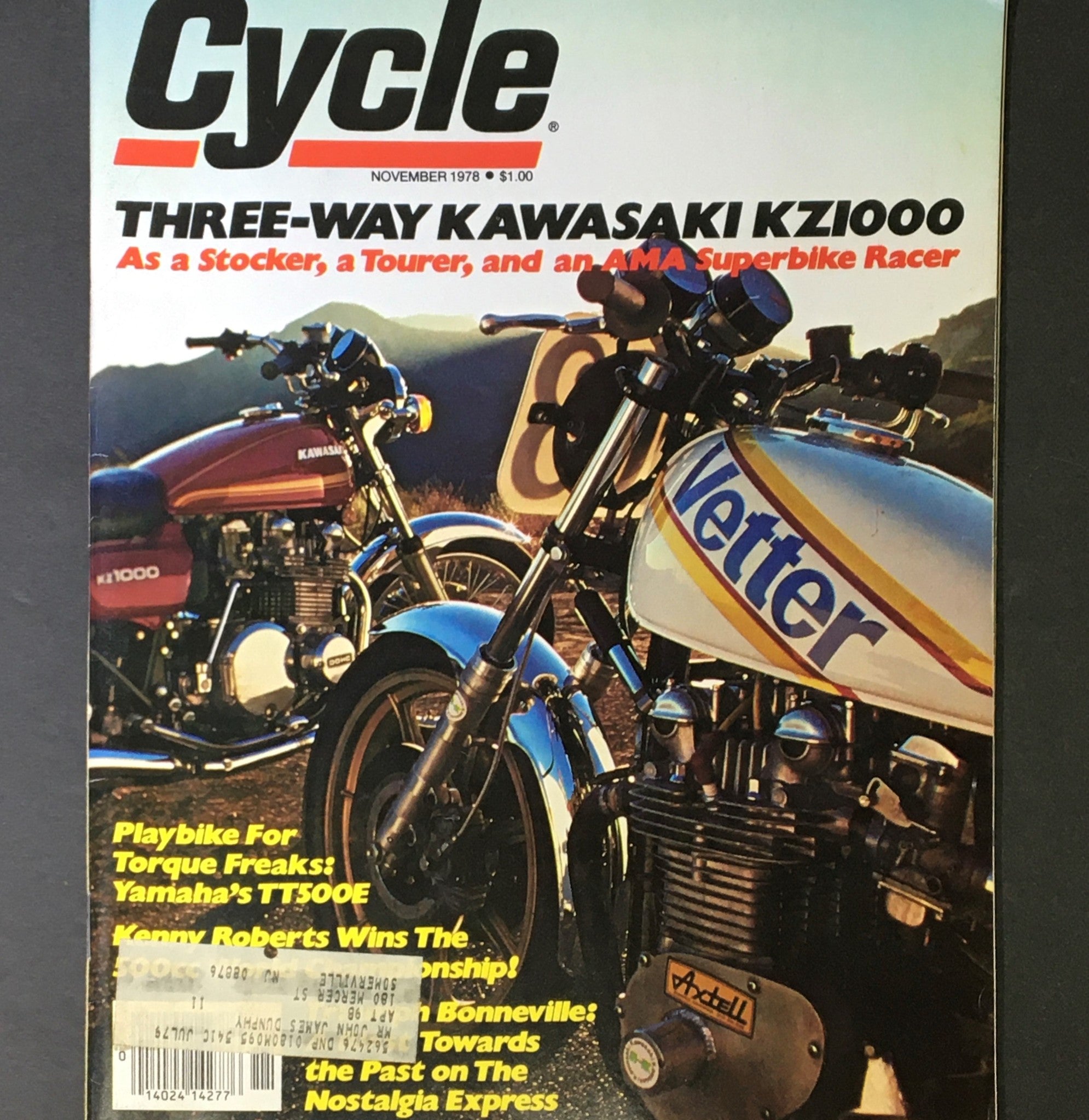 Cover of VTG Cycle Magazine November 1978 showcasing a three-way comparison of the Kawasaki KZ1000 and Yamaha TT500E, featuring vintage motorcycle imagery and relevant headlines.