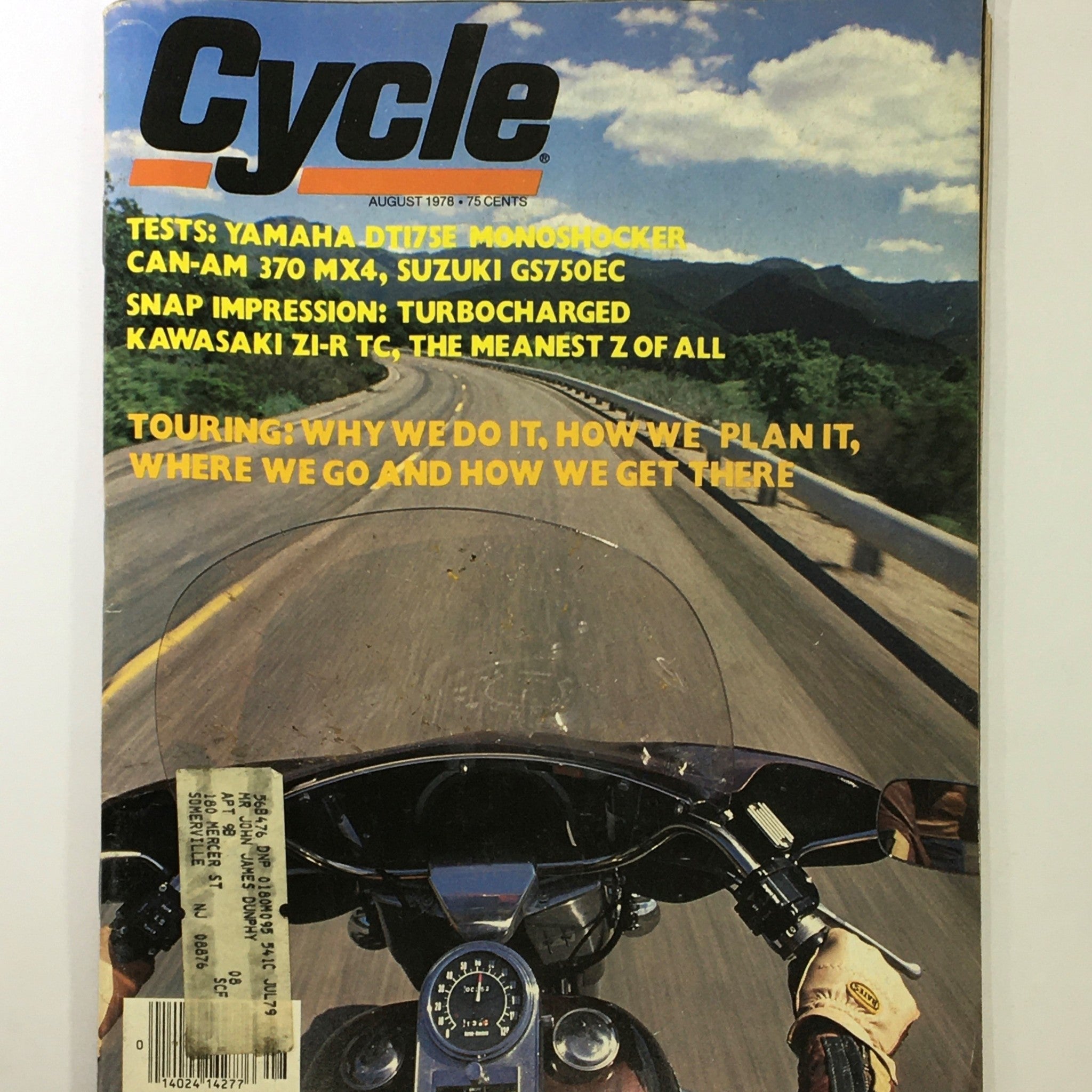 Cover of VTG Cycle Magazine August 1978 featuring Yamaha DT175E Monoshocker and Can-Am 370 MX4, showcasing motorcycle culture with an image of a rider on a winding road.