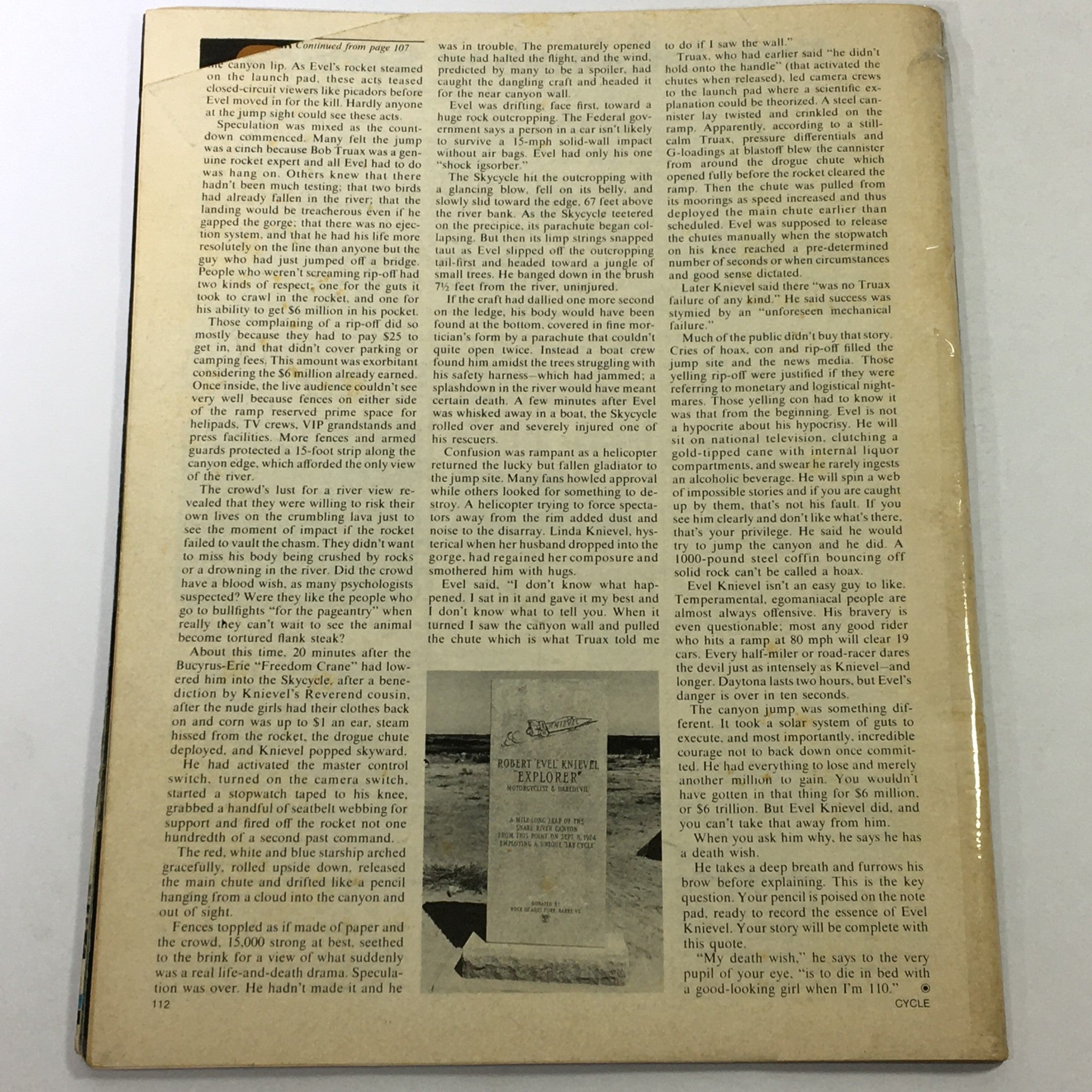 Back cover of VTG Cycle Magazine December 1974, featuring additional content and age-related wear, perfect for motorcycle history enthusiasts.