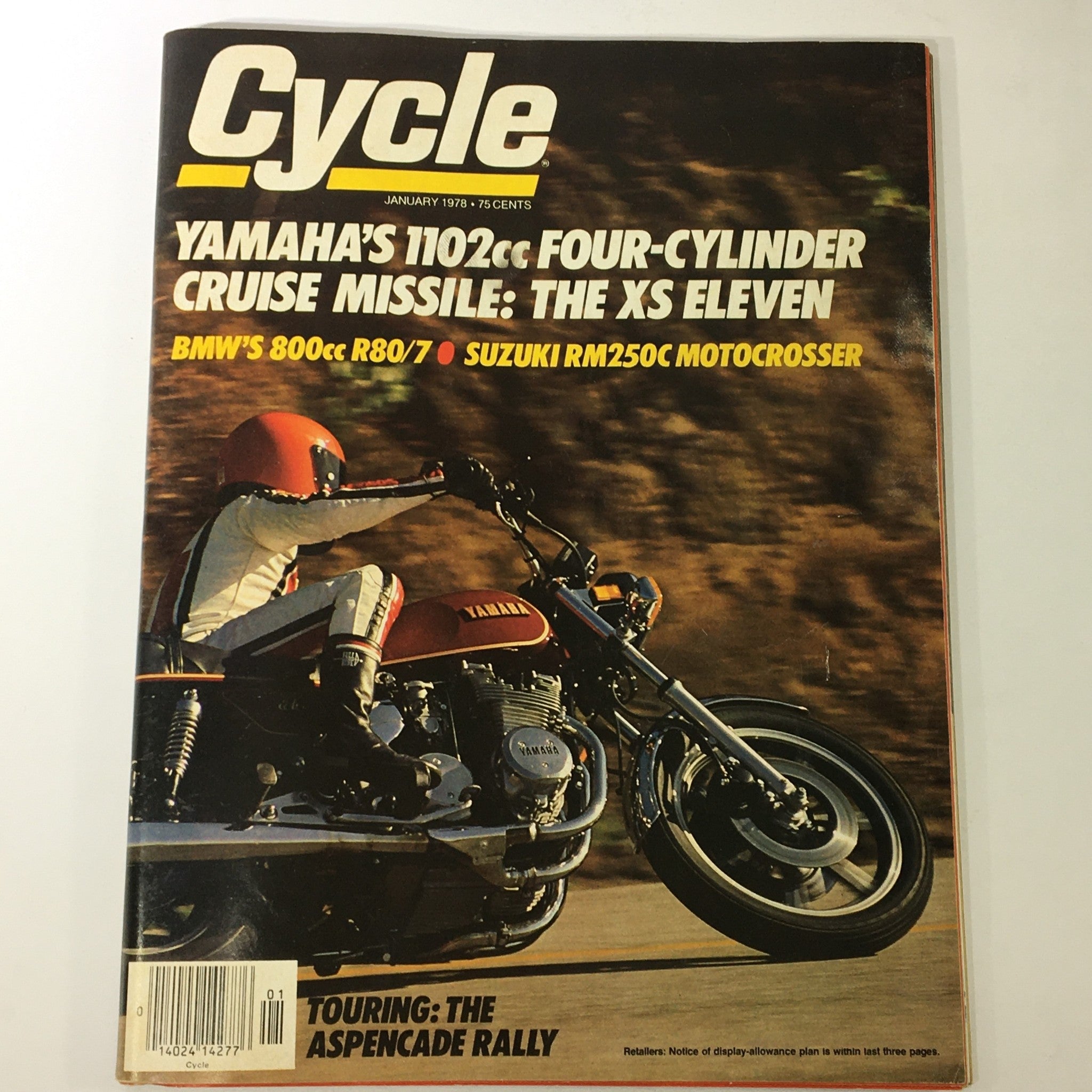 Vintage Cycle Magazine from January 1978 featuring Yamaha's 1102cc Four-Cylinder Cruise Missile XS on the cover. The magazine showcases a rider in a helmet, wearing a white and red suit, cruising on the motorcycle against a blurred background, highlighting the iconic design of the XS Eleven.