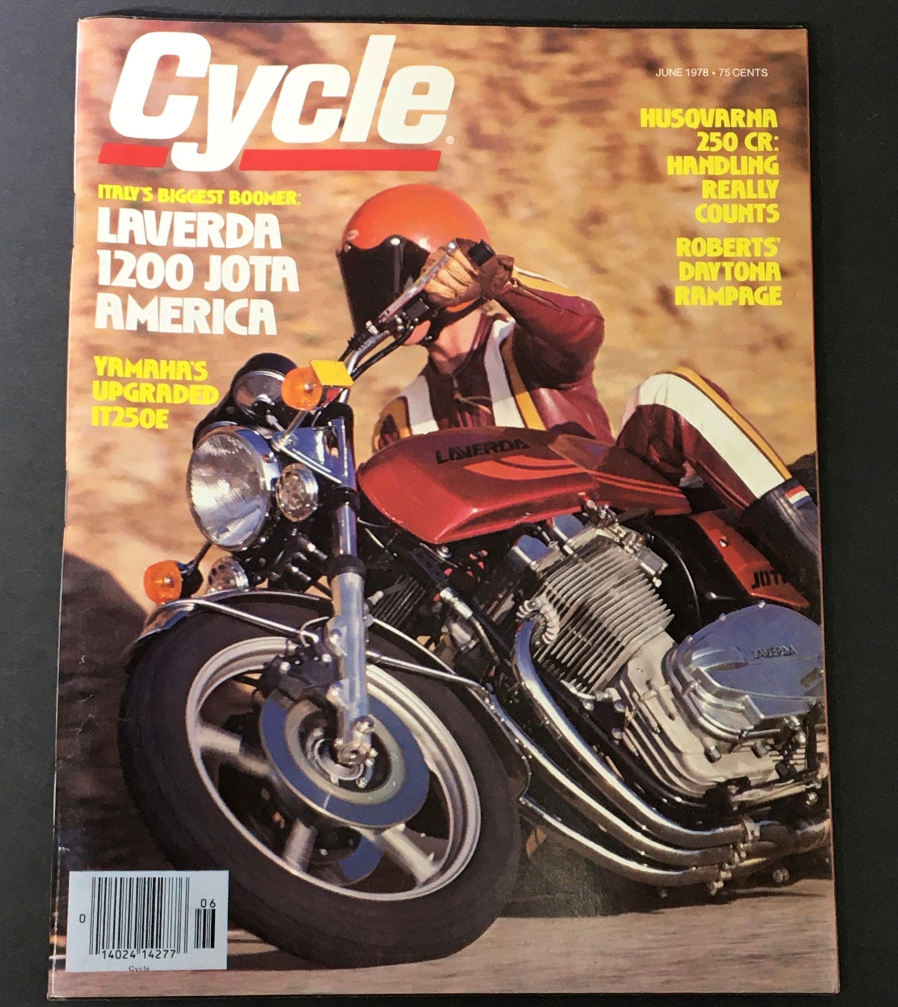 Cover of VTG Cycle Magazine June 1978 featuring Laverda 1200 Jota America and Yamaha IT250E, showcasing a motorcycle rider with a vibrant red bike.
