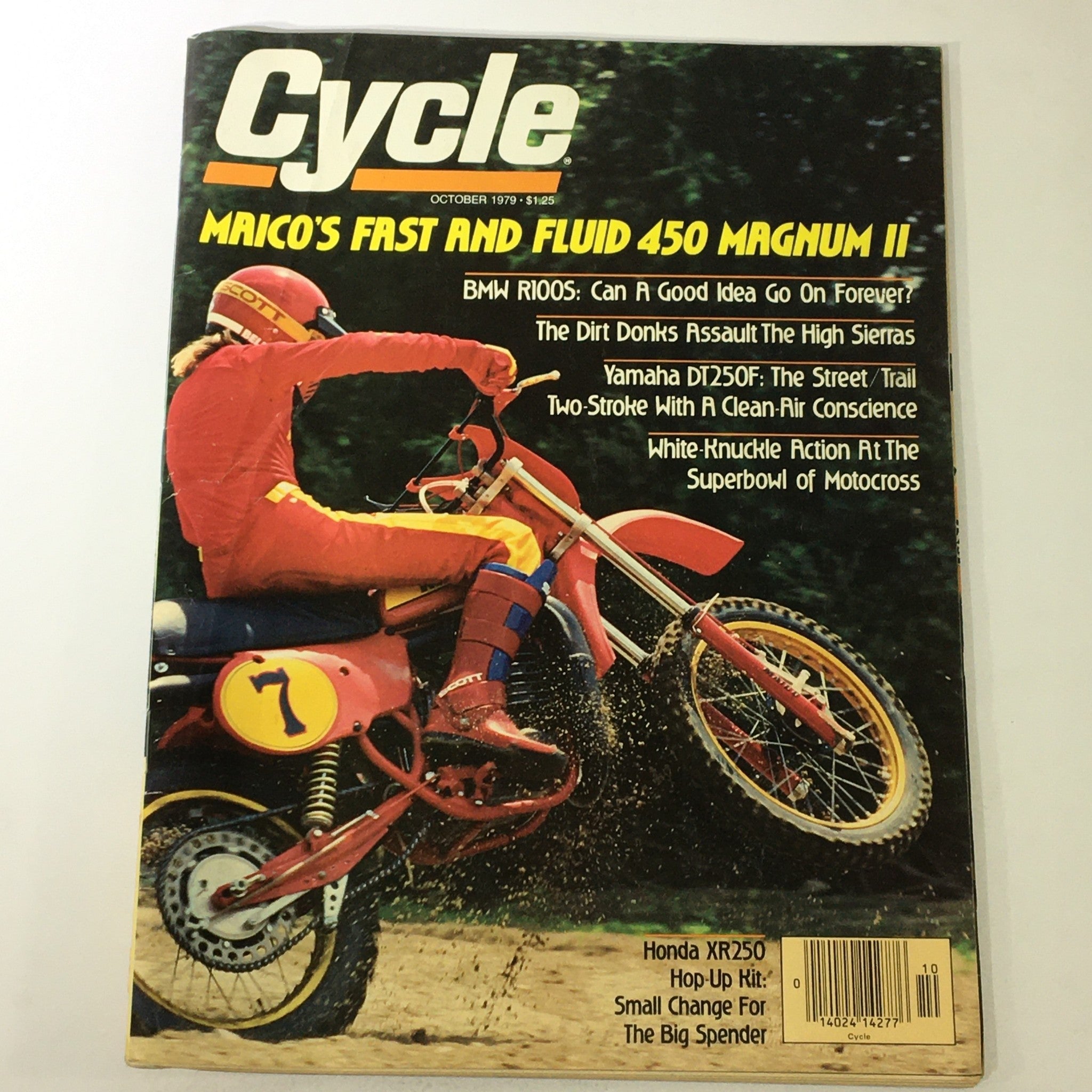 Cover of VTG Cycle Magazine, October 1979, featuring Maico 450 Magnum II motorcycle. The cover highlights articles about BMW R100S, Yamaha DT250, and motocross action, showcasing the vibrant motorcycle culture of the late 1970s.