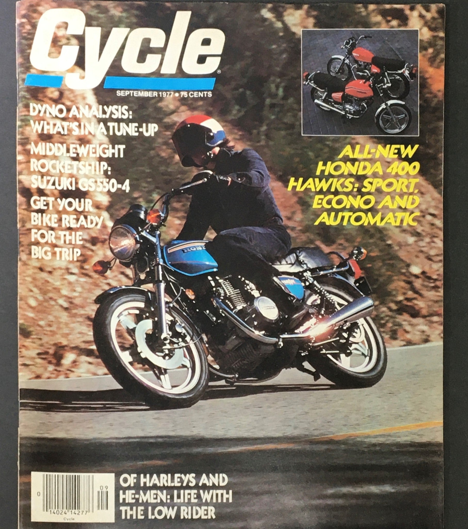 Vintage Cycle Magazine cover from September 1977 featuring the Suzuki GS550-4 and Honda 400 Hawks Sport motorcycles. Highlights includes articles on dyno analysis, tuning, and preparation tips for motorcyclists.