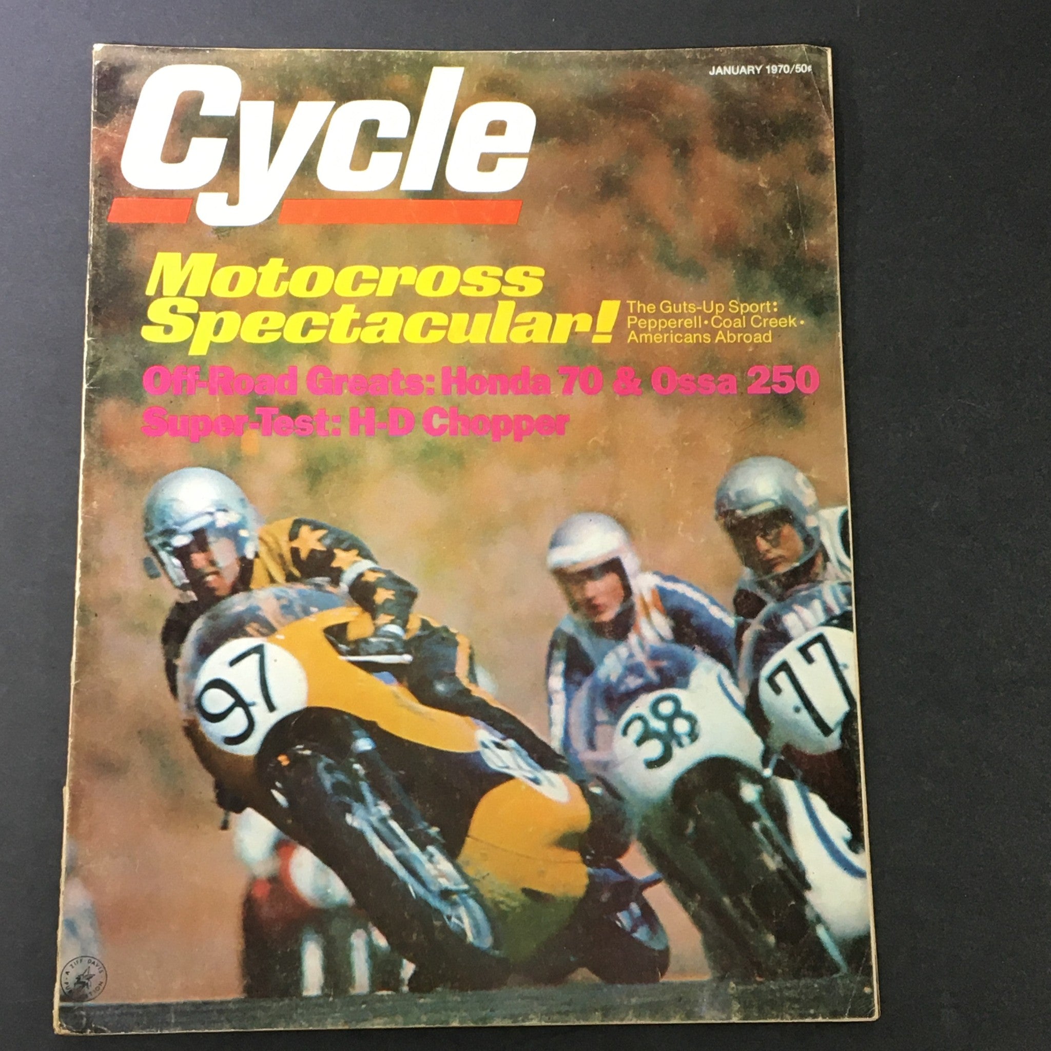Cover of VTG Cycle Magazine January 1970 featuring Honda 70, Ossa 250, and H-D Chopper Super Test with motorcyclists in action.