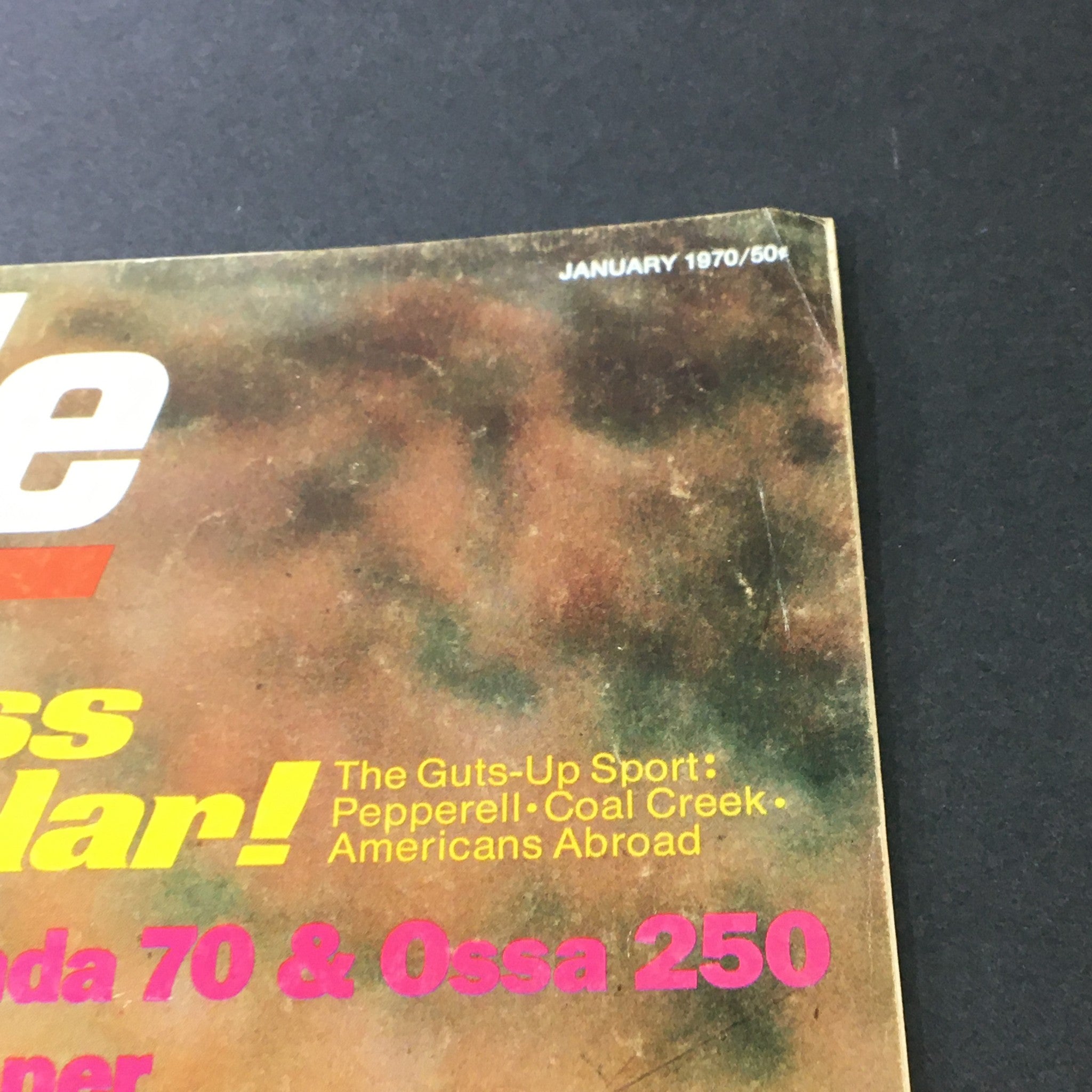 Close-up of the VTG Cycle Magazine January 1970 cover highlighting the title 'Motocross Spectacular' and featuring Honda 70 and Ossa 250.