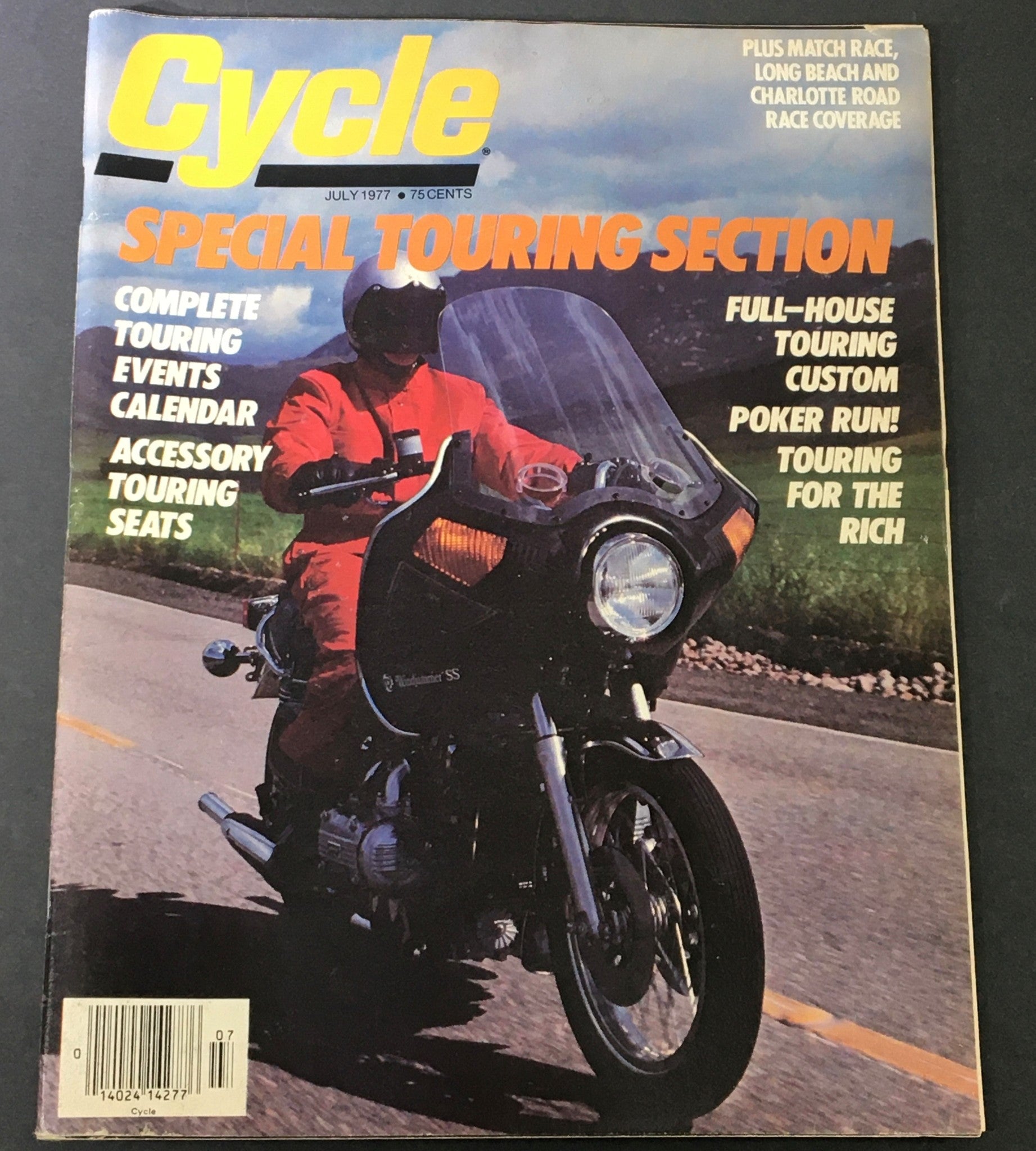 VTG Cycle Magazine July 1977, featuring an image of a motorcycle on the cover with a rider in a red outfit, highlighting special touring sections, Charlotte Road Race coverage, and details about touring events and accessories.