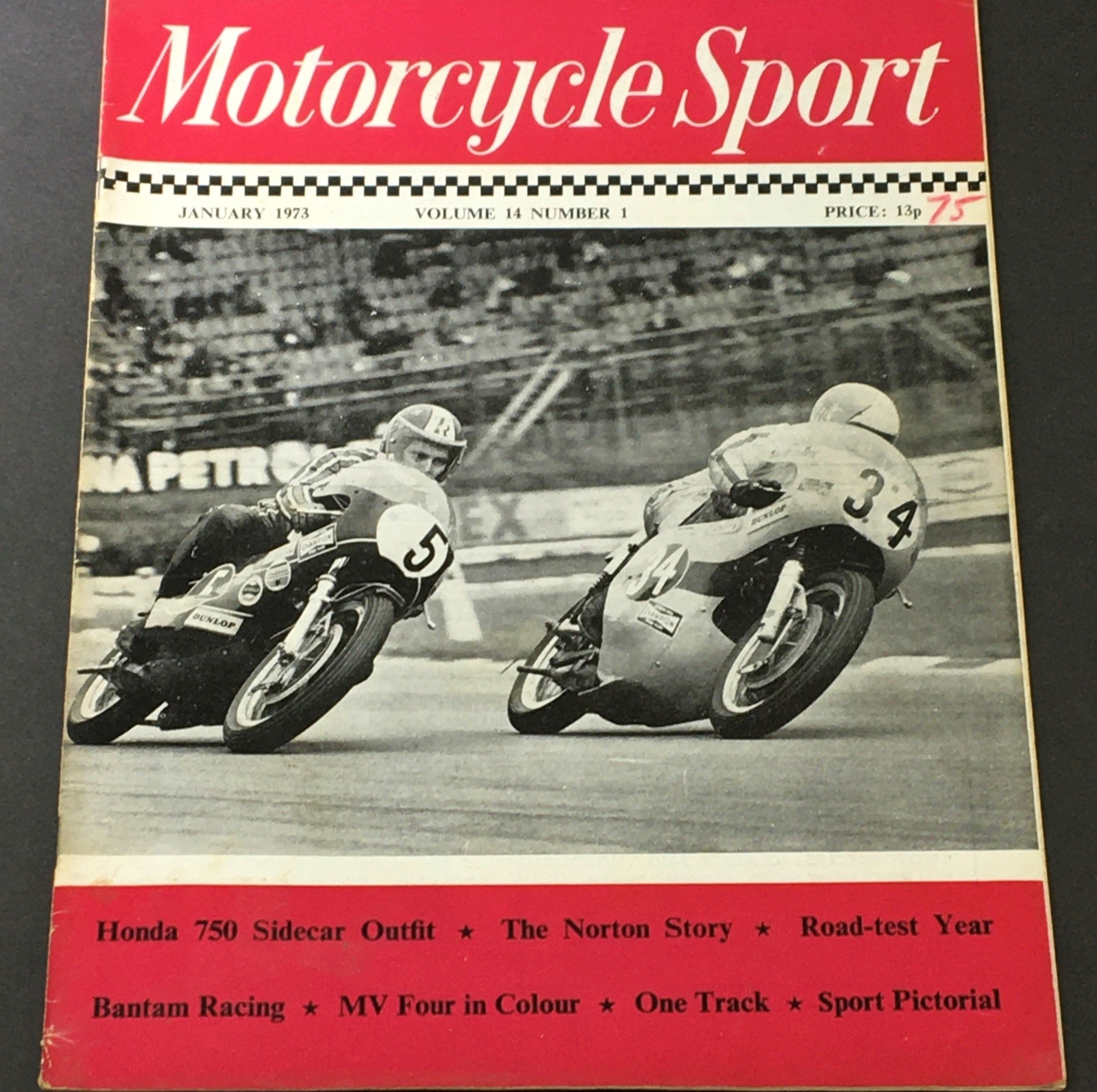 Cover of Vintage Motorcycle Sport Magazine from January 1973, showcasing a motorcycle race featuring the Honda 750 and the Norton Story, highlighting the magazine's focus on motorcycle culture of the 1970s.