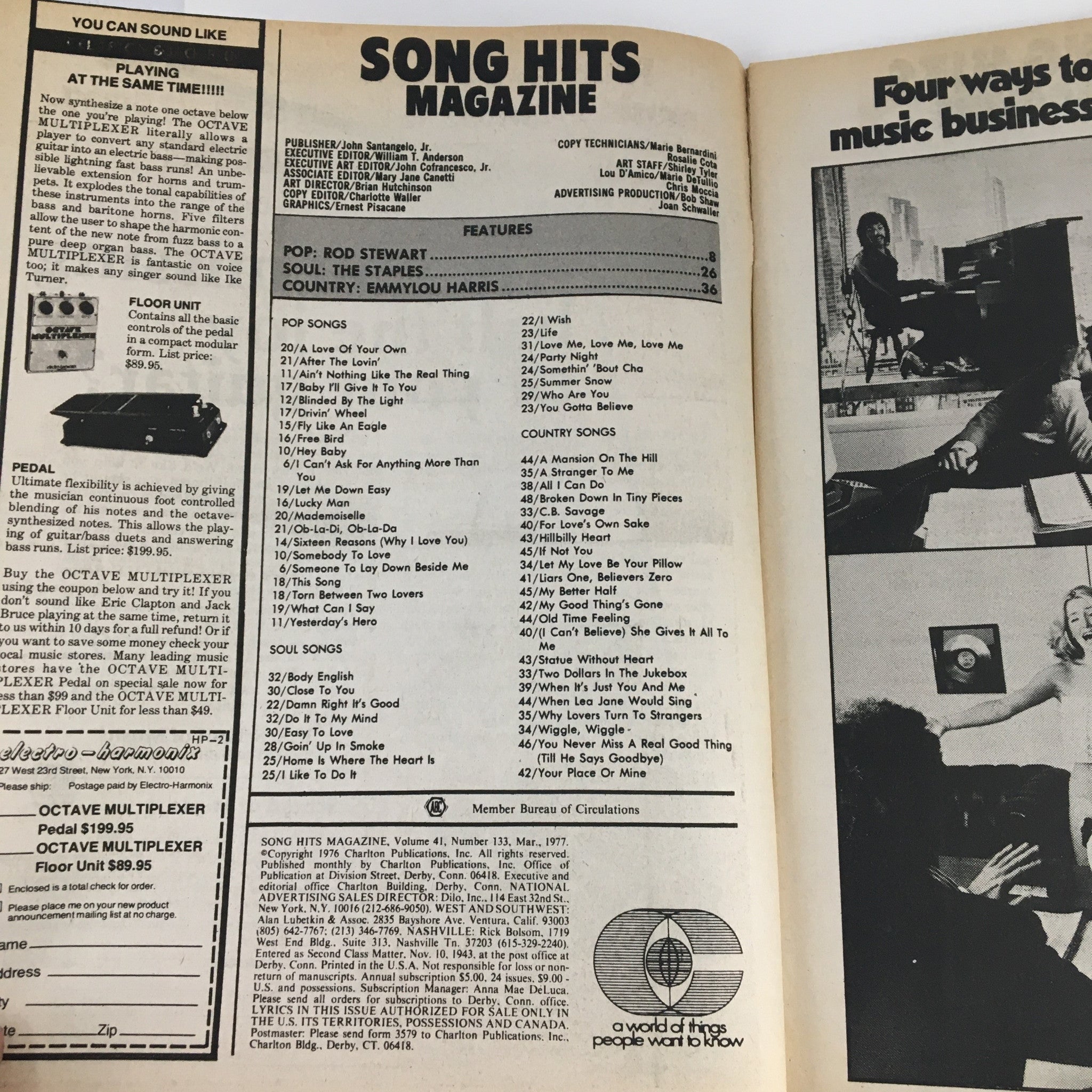 Inside page of Song Hits Magazine April 1977 displaying the table of contents and featured artists including Rod Stewart and The Staples.