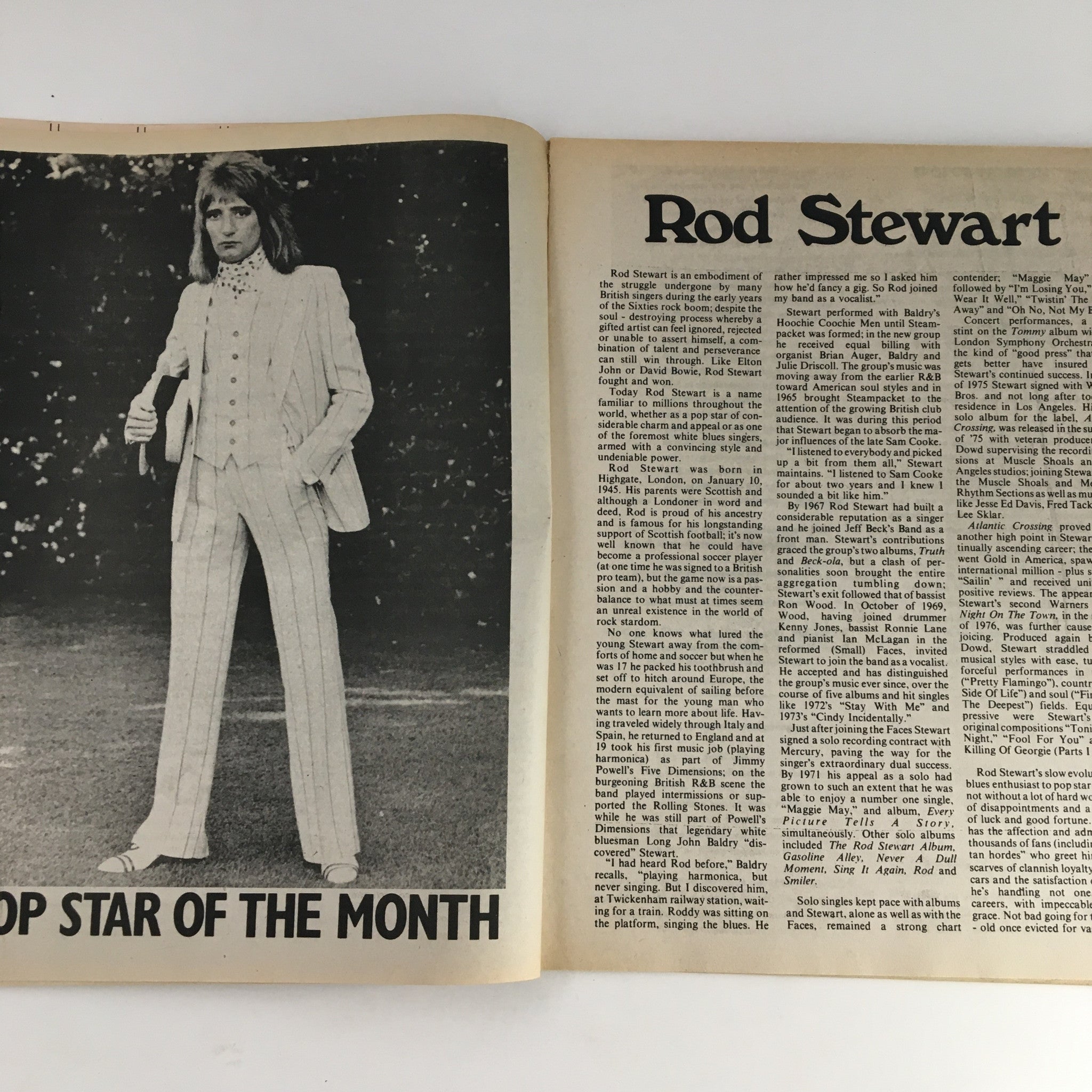 Rod Stewart featured article in Song Hits Magazine April 1977 detailing his music career and impact on the industry.