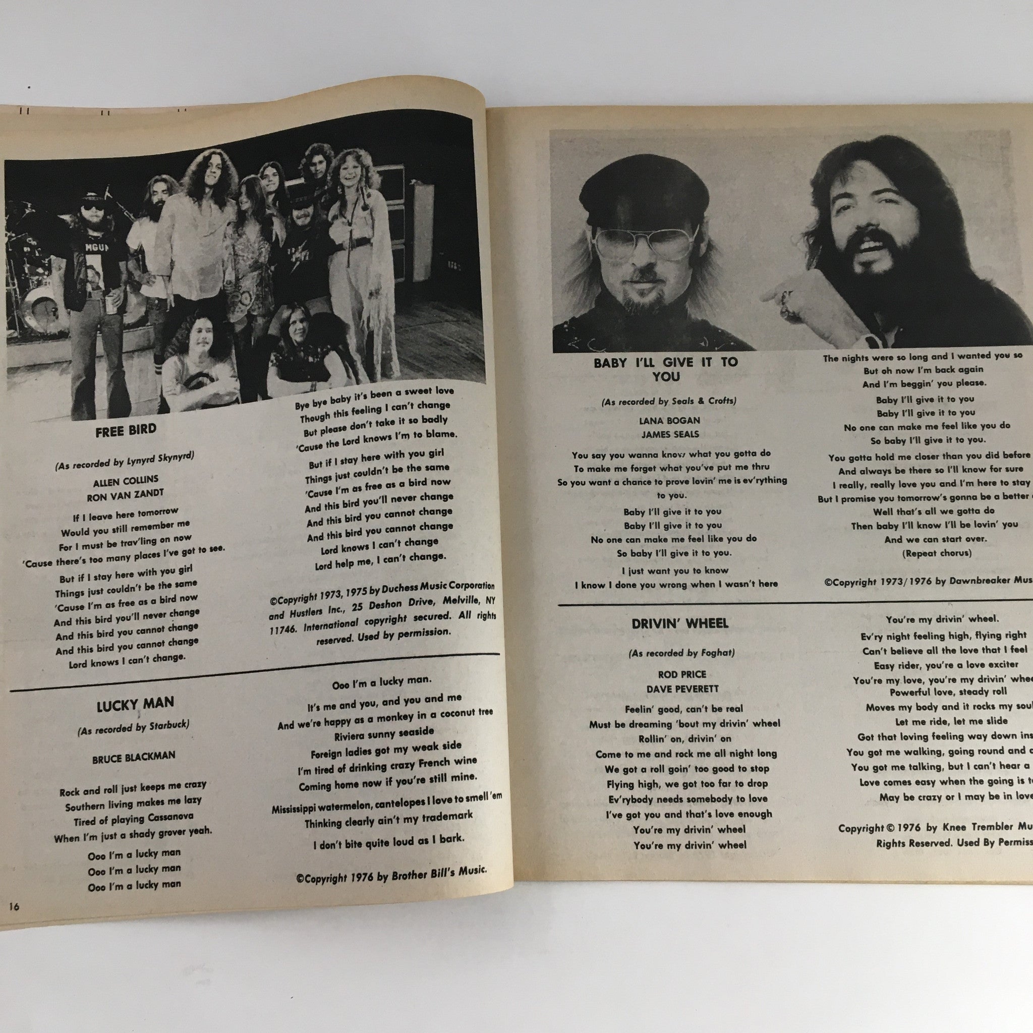Pages from Song Hits Magazine April 1977 featuring lyrics and songs from popular artists of the 1970s, including 'Free Bird' by Lynyrd Skynyrd.