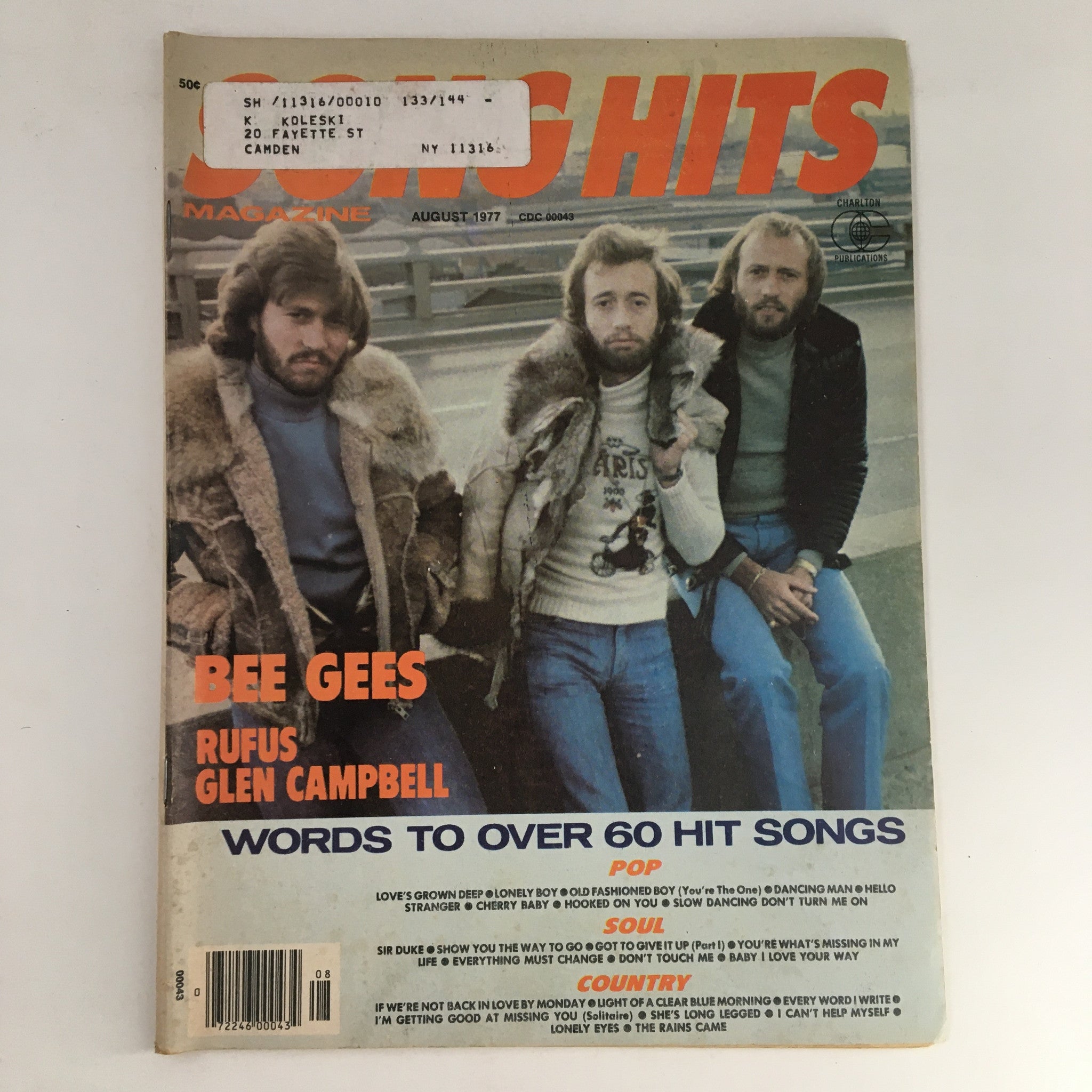 Front cover of Song Hits Magazine August 1977 featuring Bee Gees, Rufus, and Glen Campbell, showcasing iconic artists of the 70s.