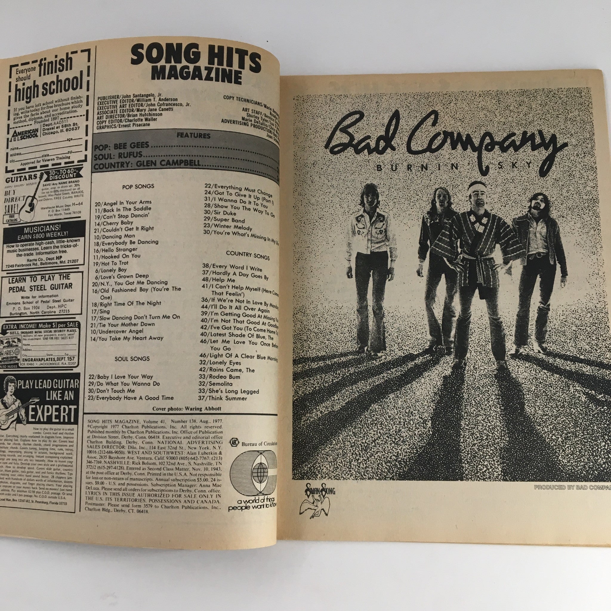 Inside pages of Song Hits Magazine August 1977 highlighting pop and country songs including Bad Company.