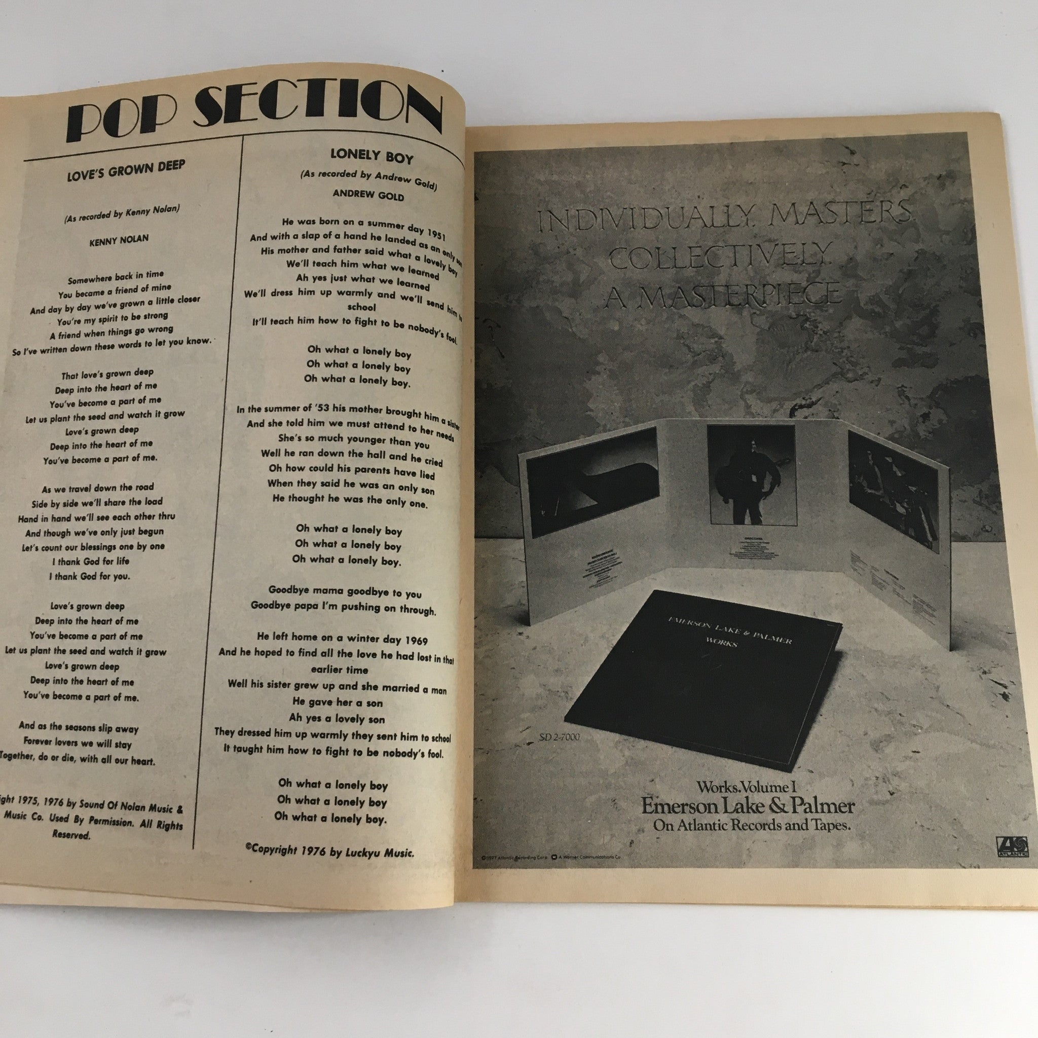 Pop section of Song Hits Magazine August 1977 featuring song lyrics and highlights from artists like Kenny Nolan.