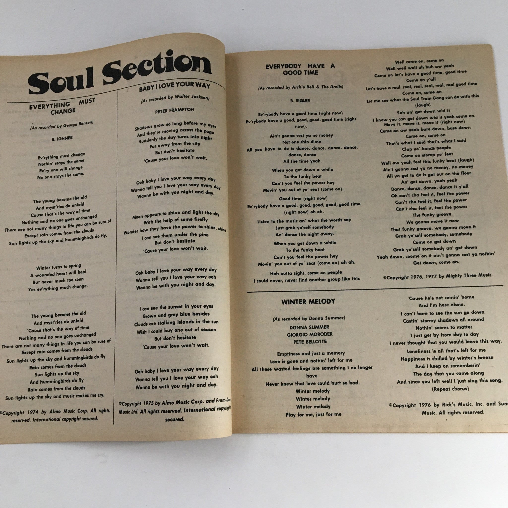 Soul section of Song Hits Magazine August 1977 displaying song lyrics and performances including contributions from various artists.