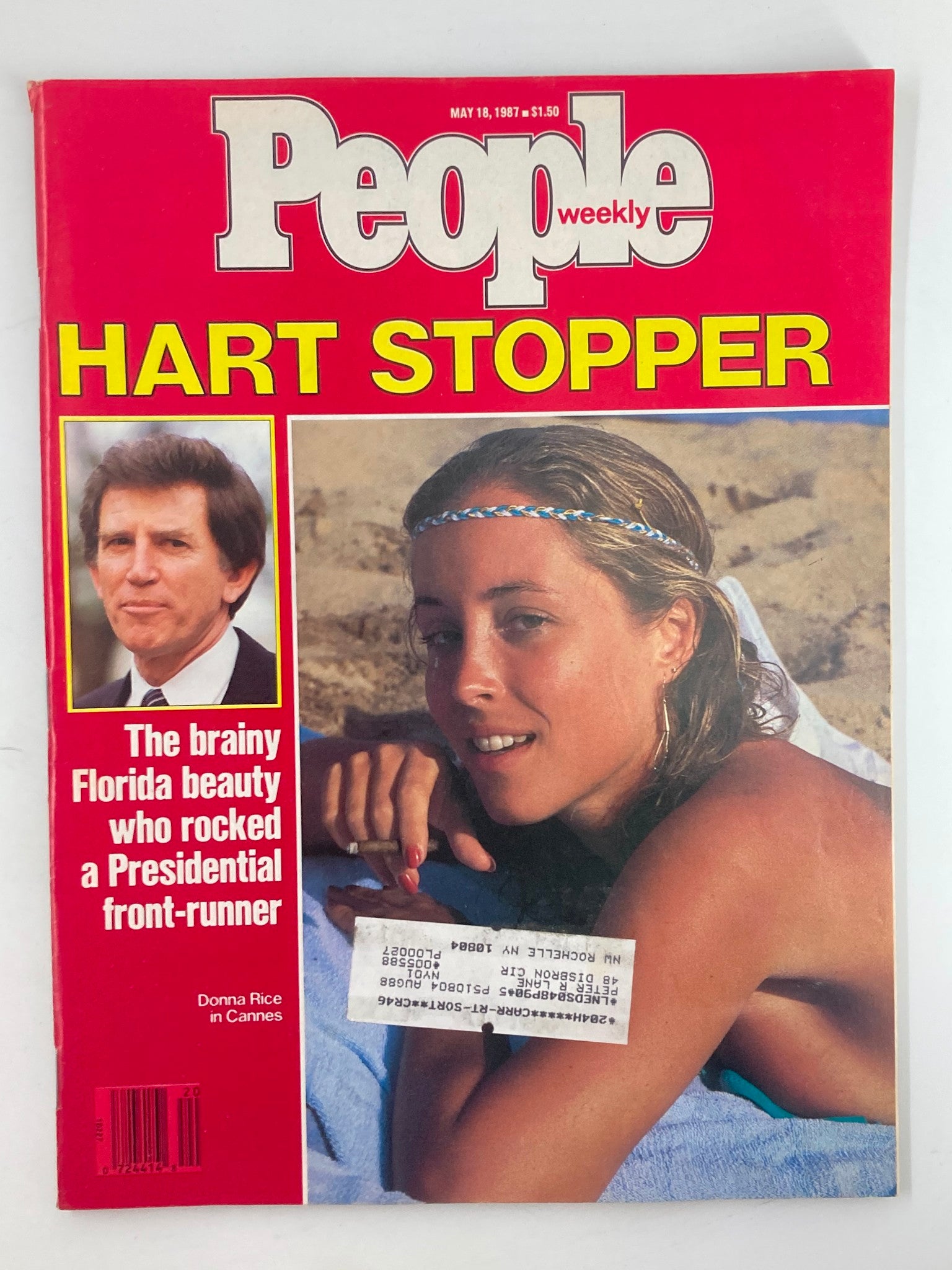 Cover of People Weekly Magazine dated May 18, 1987, featuring a headline 'HART STOPPER' along with an image of Donna Rice and Danny Hart. This vintage magazine offers insights into celebrity culture from the late 1980s.