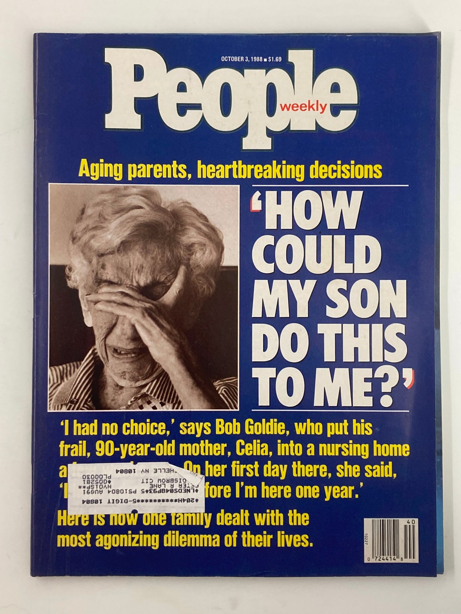 Cover of People Weekly Magazine from October 3, 1988, featuring Bob Goldie and his mother Celia, discussing aging parents and heart-wrenching decisions. The headline poses a heartfelt question: 'How Could My Son Do This To Me?'