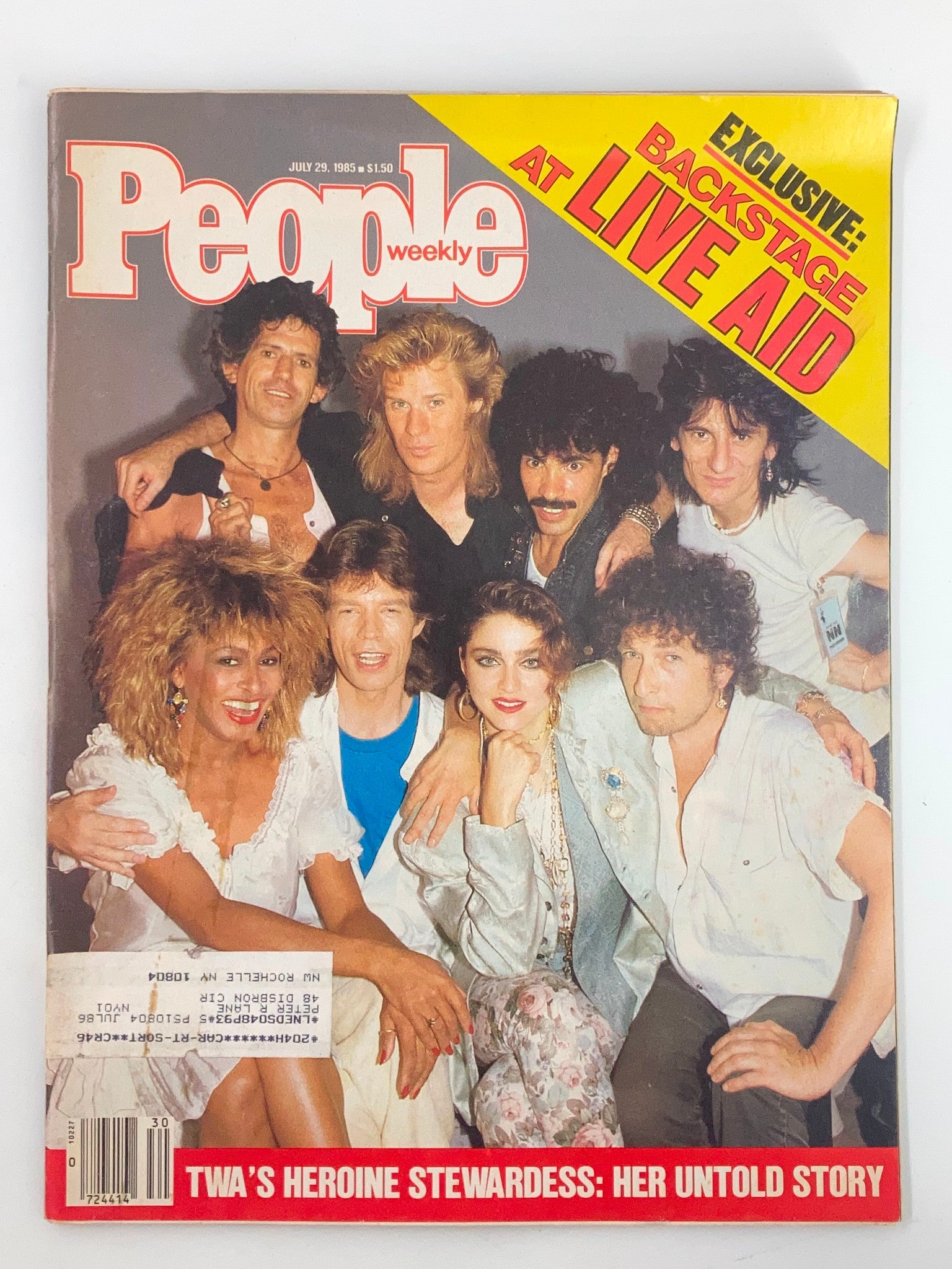 People Weekly Magazine cover from July 29, 1985, featuring TWA's Heroine Stewardess untold story, with iconic musicians at Live Aid.